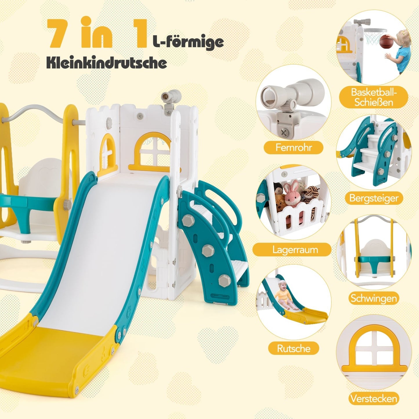 Toddler 7-in-1 Slide & Swing Set with Basketball, Yellow