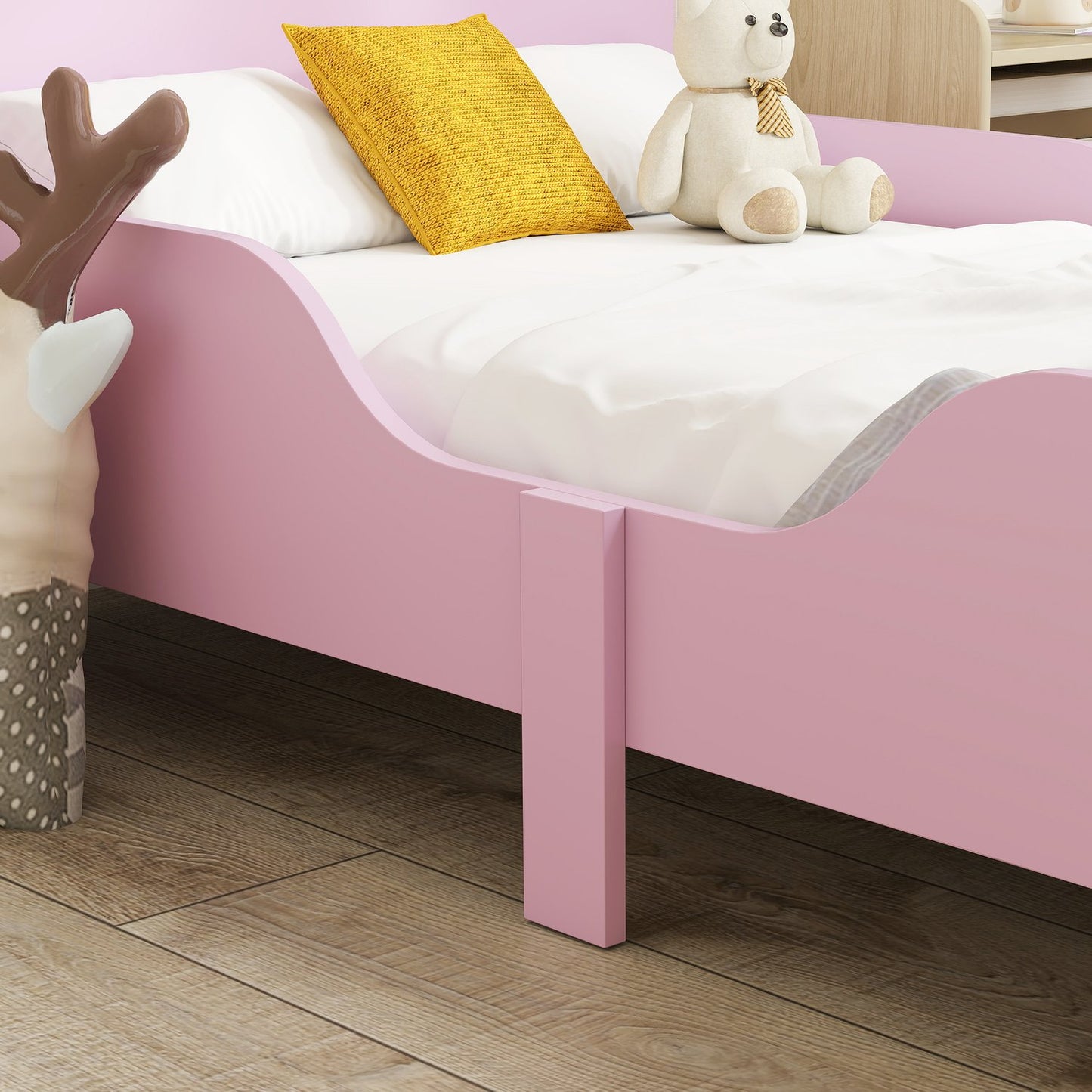 Toddler Bed Frame with Guardrail, Pink MDF, Ages 3-8