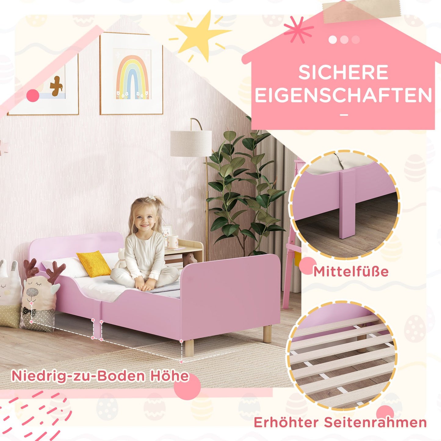 Toddler Bed Frame with Guardrail, Pink MDF, Ages 3-8