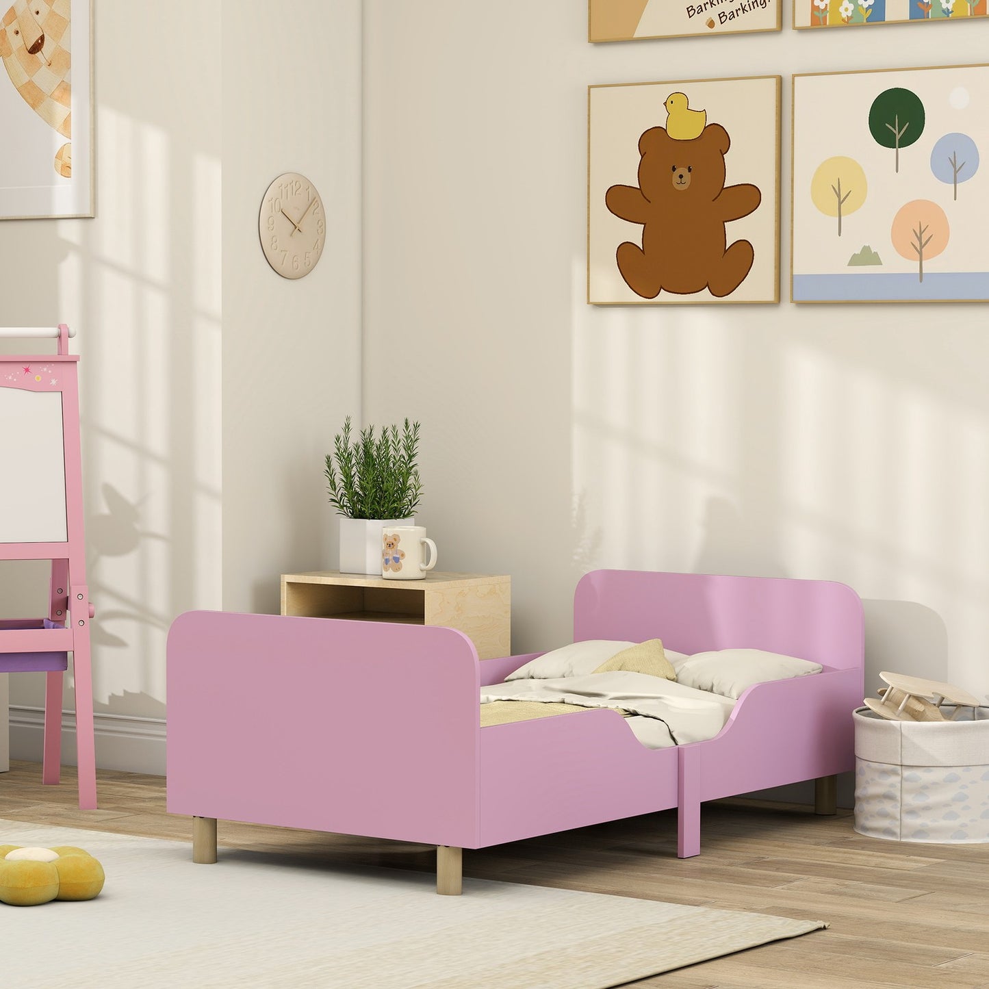 Toddler Bed Frame with Guardrail, Pink MDF, Ages 3-8