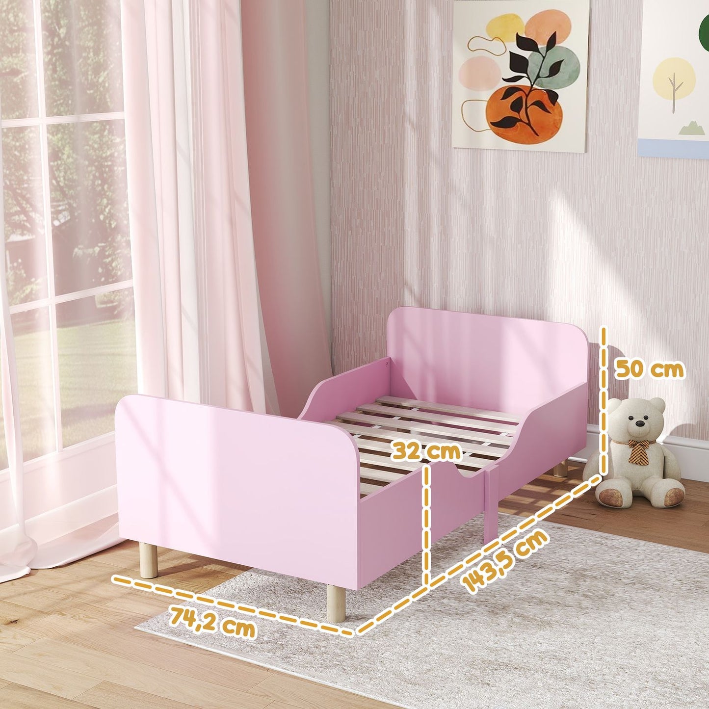 Toddler Bed Frame with Guardrail, Pink MDF, Ages 3-8