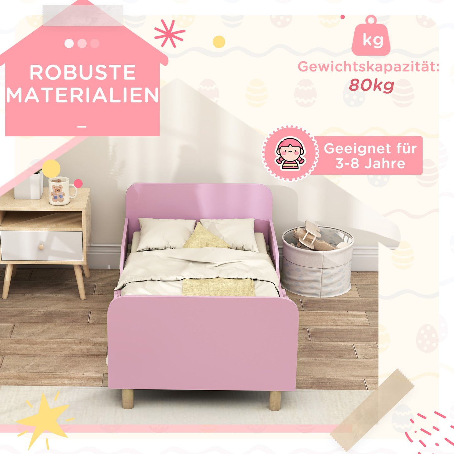 Toddler Bed Frame with Guardrail, Pink MDF, Ages 3-8
