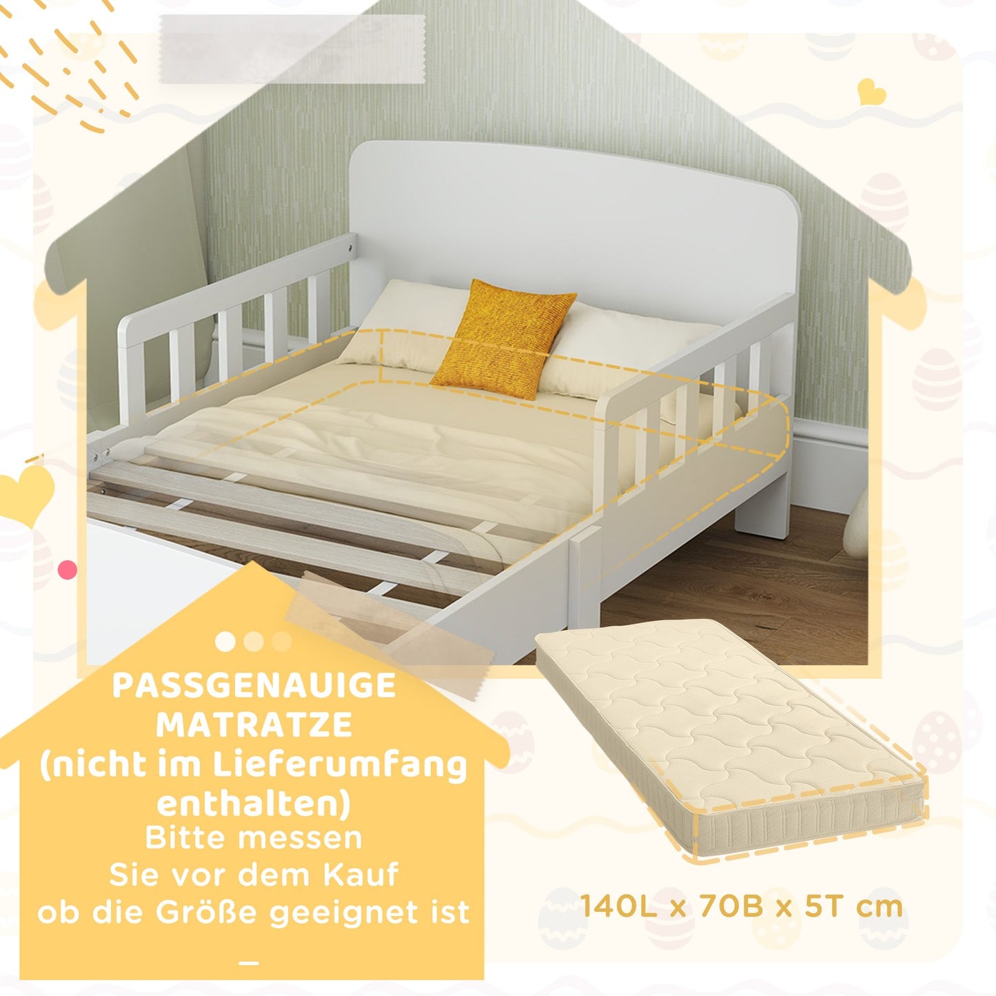 Toddler Bed with Safety Rails, MDF, Ages 3-8, White