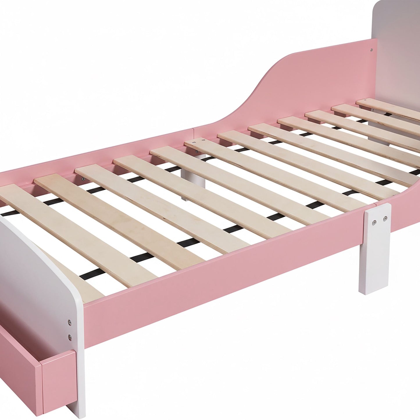 Toddler Floor Bed with Rail, White/Pink, Shelf Storage