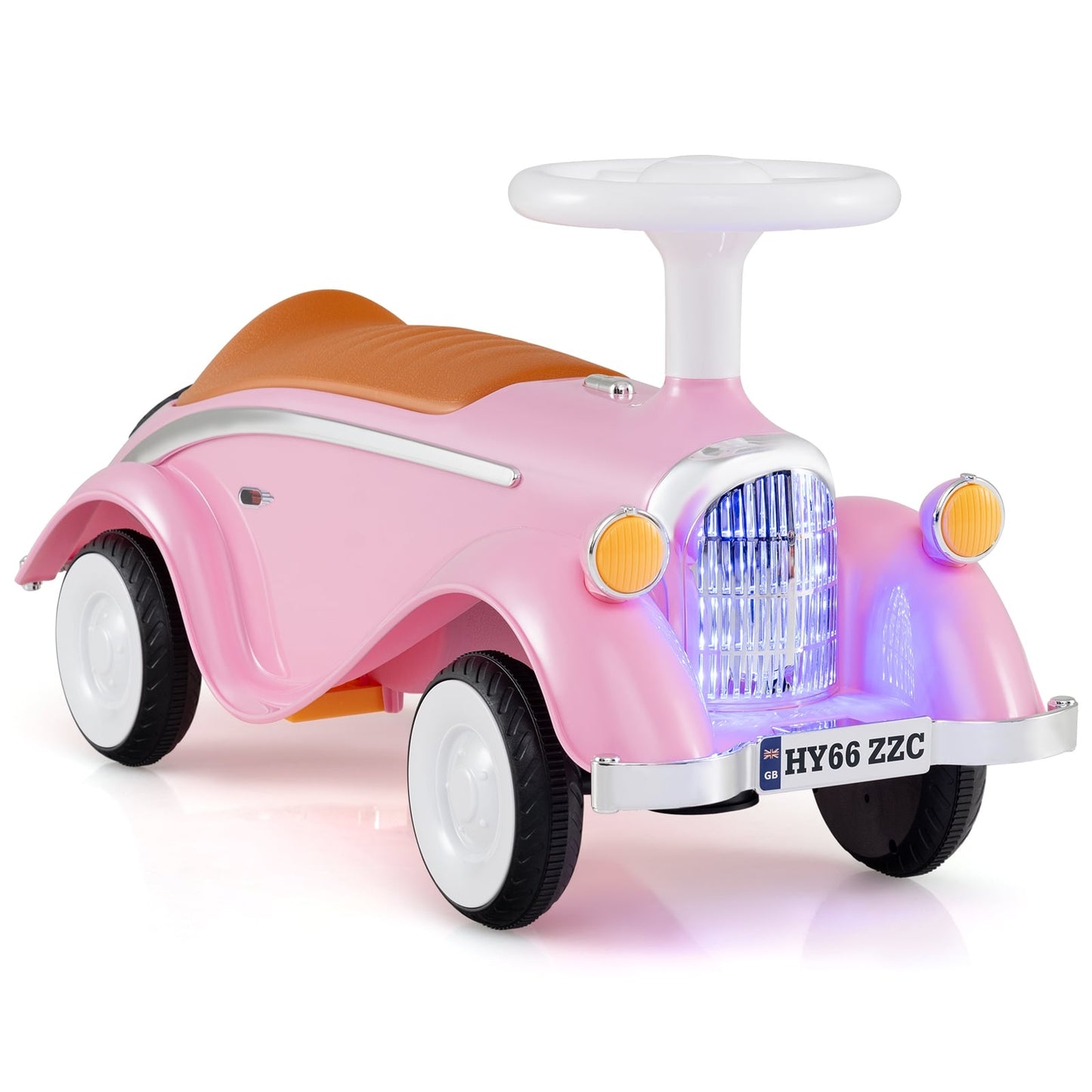 Toddler Ride-On Car with Horn, LED Lights, Storage, Pink
