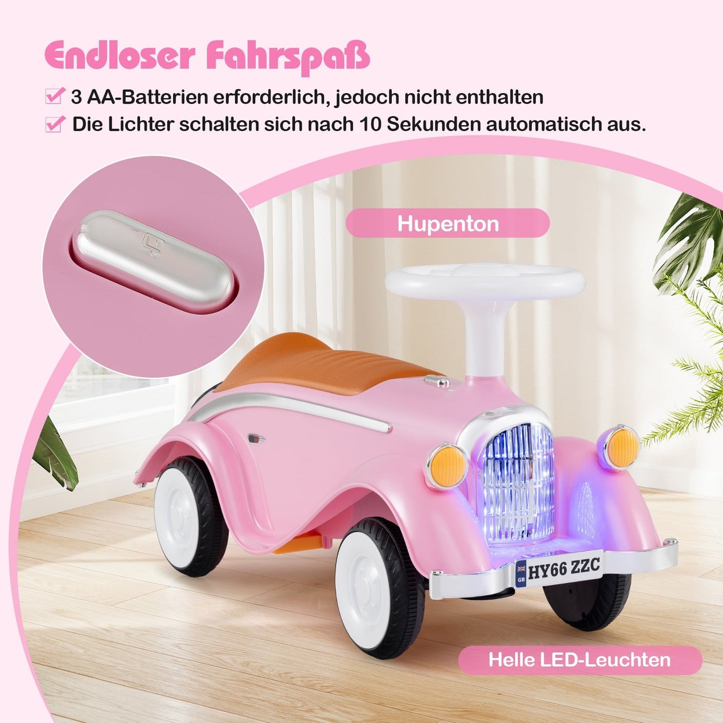 Toddler Ride-On Car with Horn, LED Lights, Storage, Pink