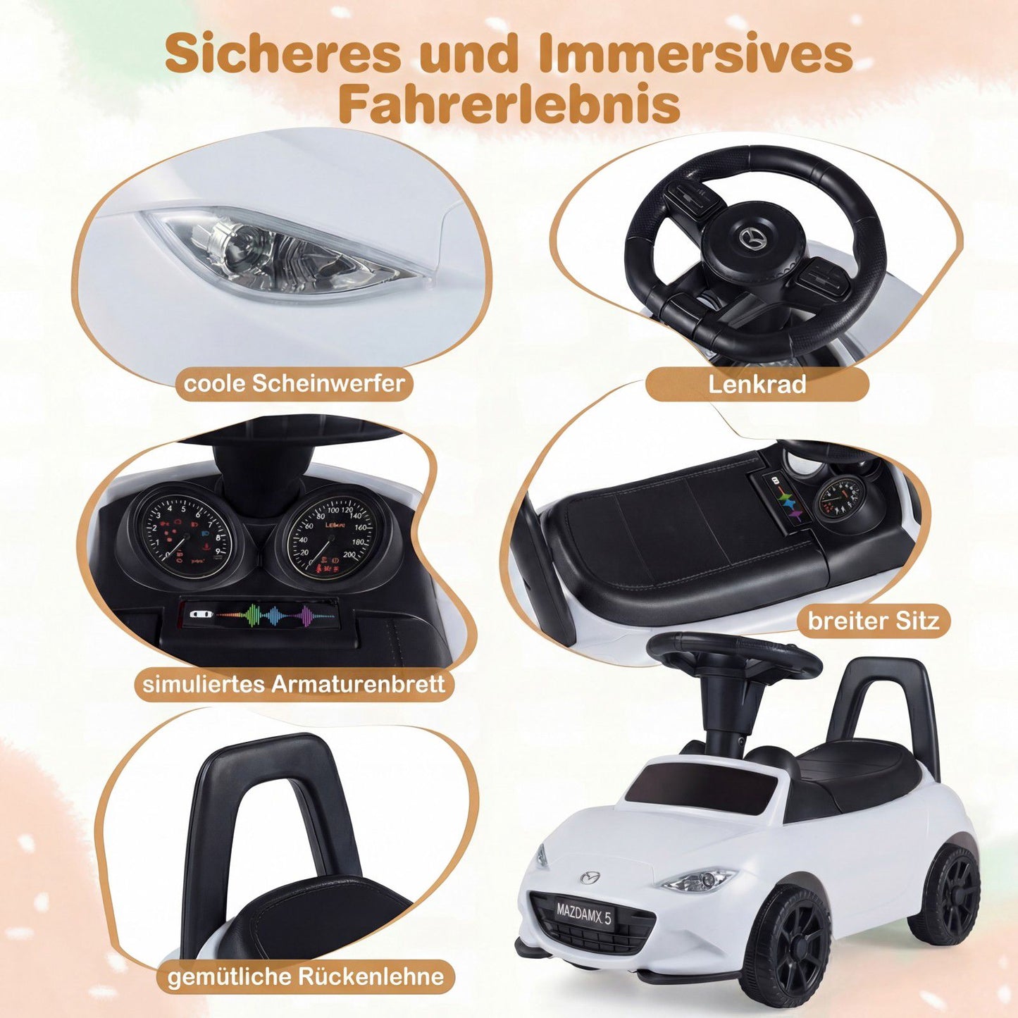 Toddler Ride-On Car with Light, Anti-Tip, Storage, White