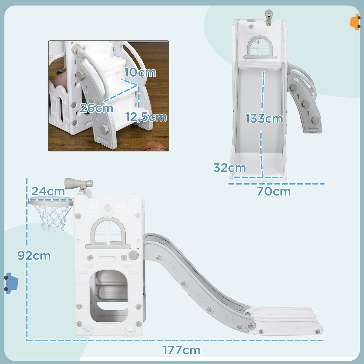 Toddler Slide 5-in-1 with Basketball Hoop, Grey, 70x177x92 cm