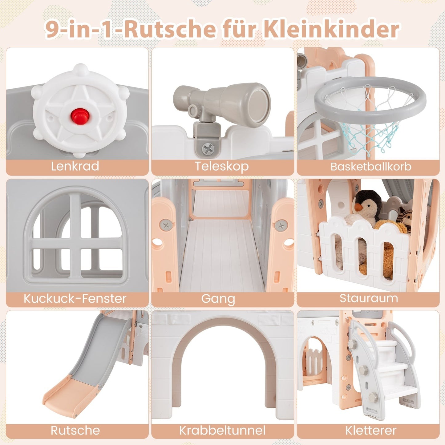 Toddler Slide 9-in-1 Playset with Basketball Hoop, Pink/Grey