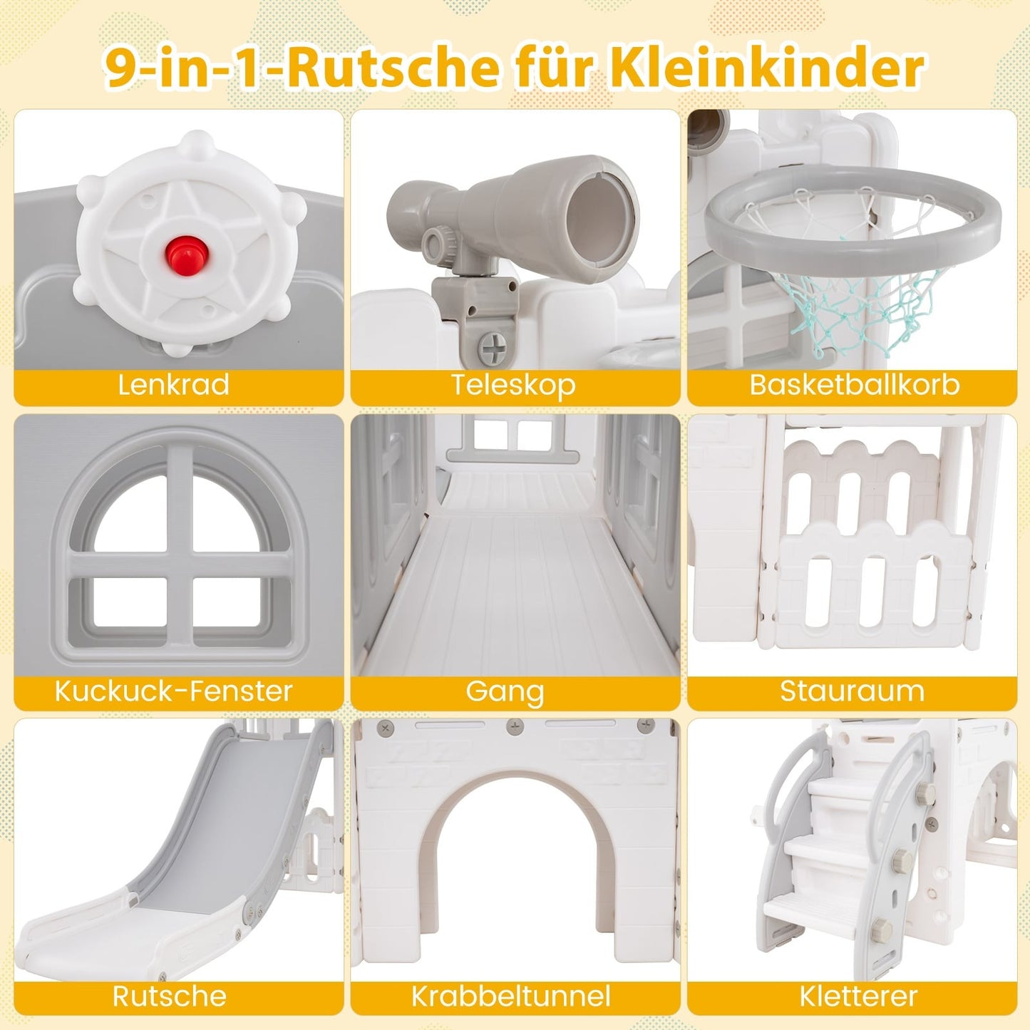 Toddler Slide 9-in-1 Playset with Basketball & Tunnel
