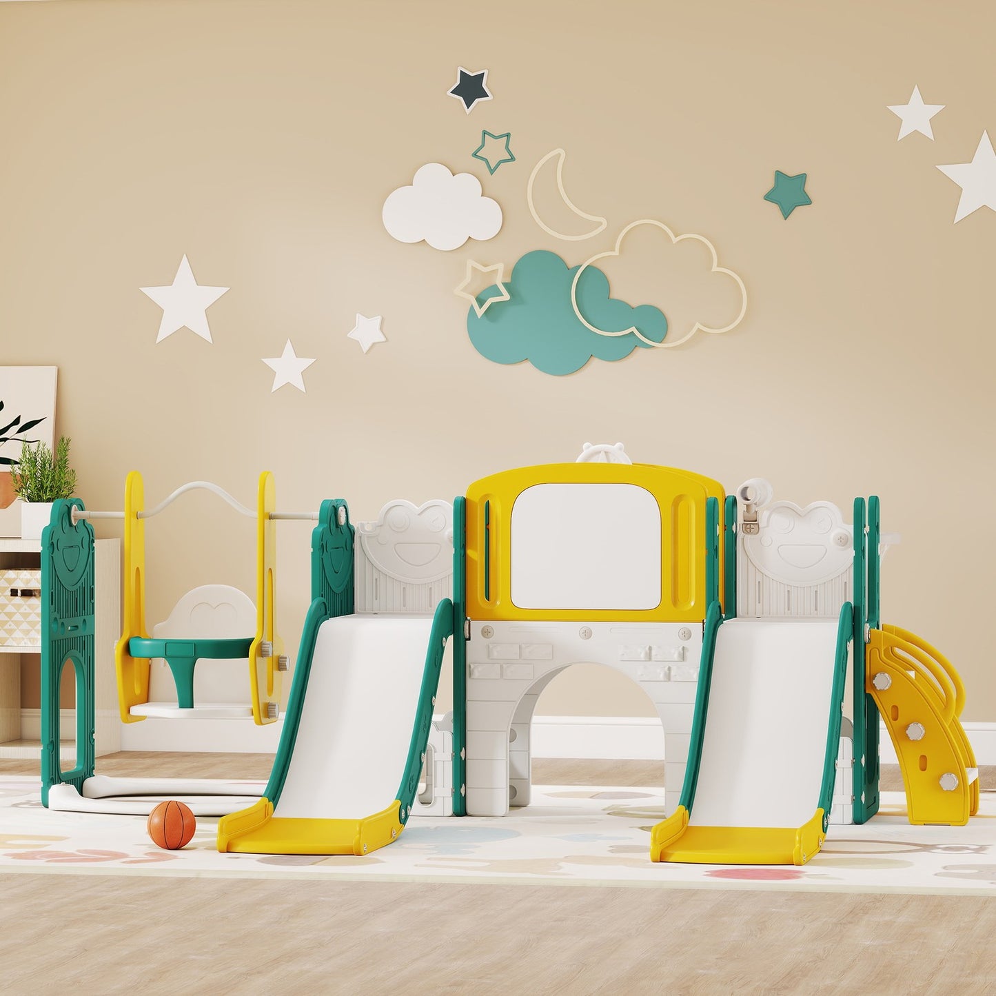 Toddler Slide and Swing Set with Basketball Hoop, Yellow/Green