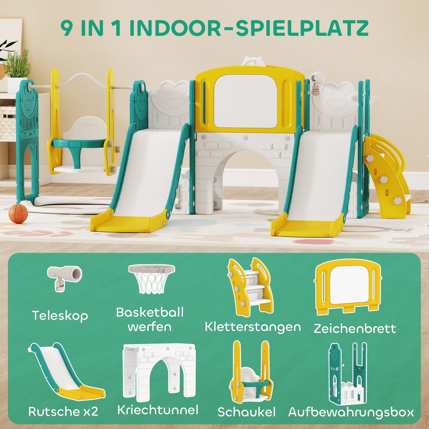 Toddler Slide and Swing Set with Basketball Hoop, Yellow/Green