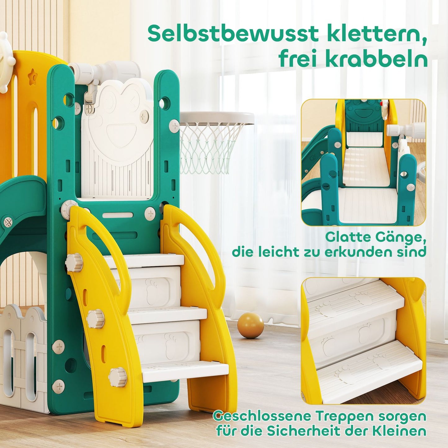 Toddler Slide and Swing Set with Basketball Hoop, Yellow/Green