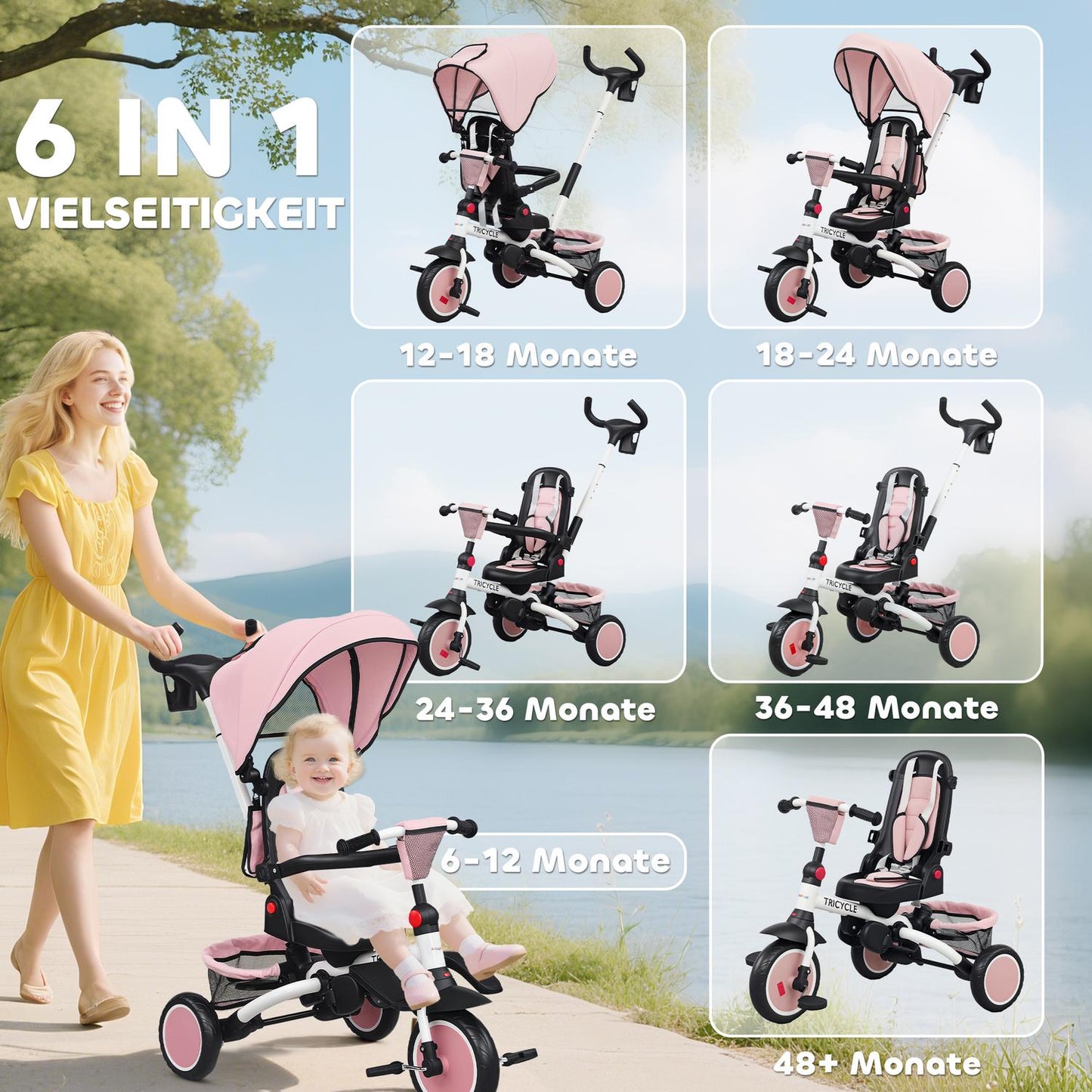Toddler Tricycle, 6-in-1, Adjustable Seat, Foldable