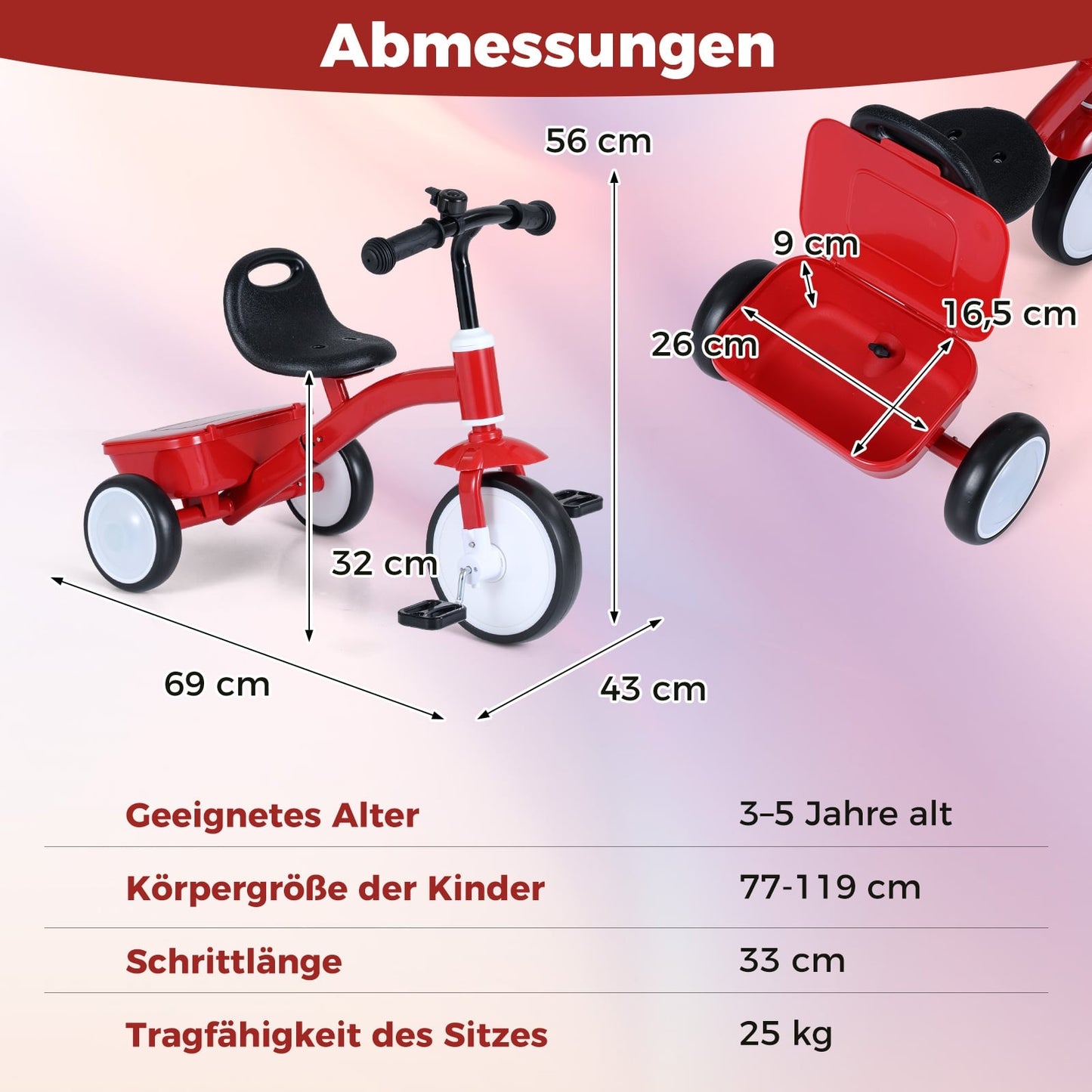 Toddler Tricycle with Light-Up Wheels, Adjustable Seat, Storage Box
