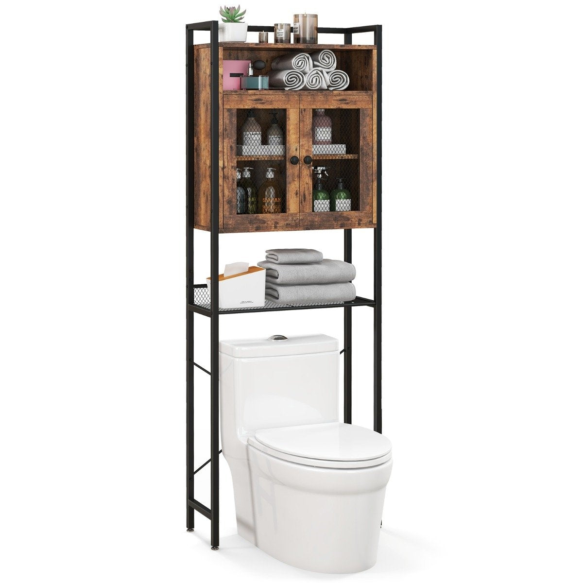 Toilet Cabinet with Double Door Bathroom Shelf Washing Machine Shelf 60 x 24 x 172 cm Brown