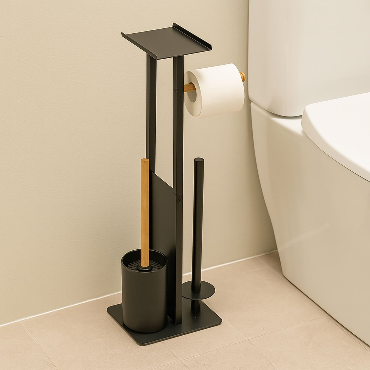 Toilet Paper Holder – Metal & Bamboo, Freestanding