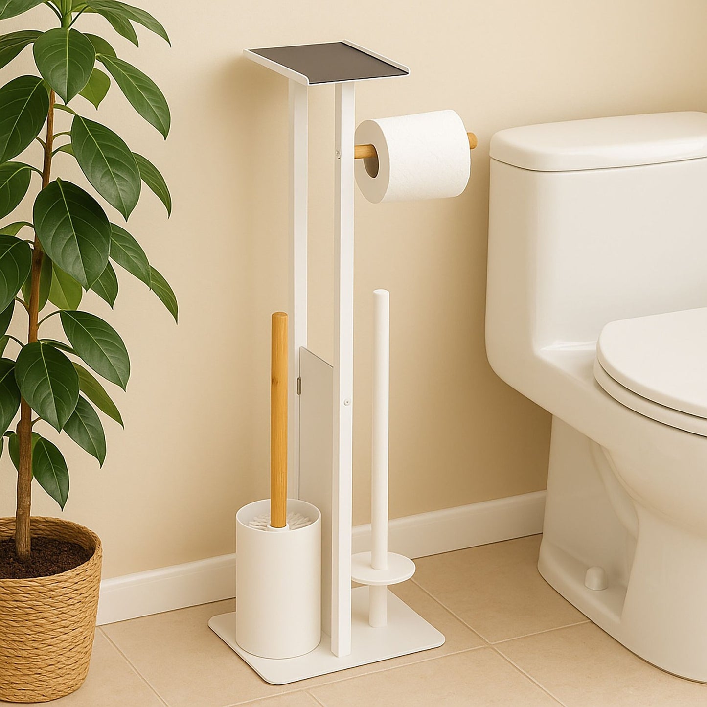 Toilet Paper Holder with Shelf – Metal & Bamboo