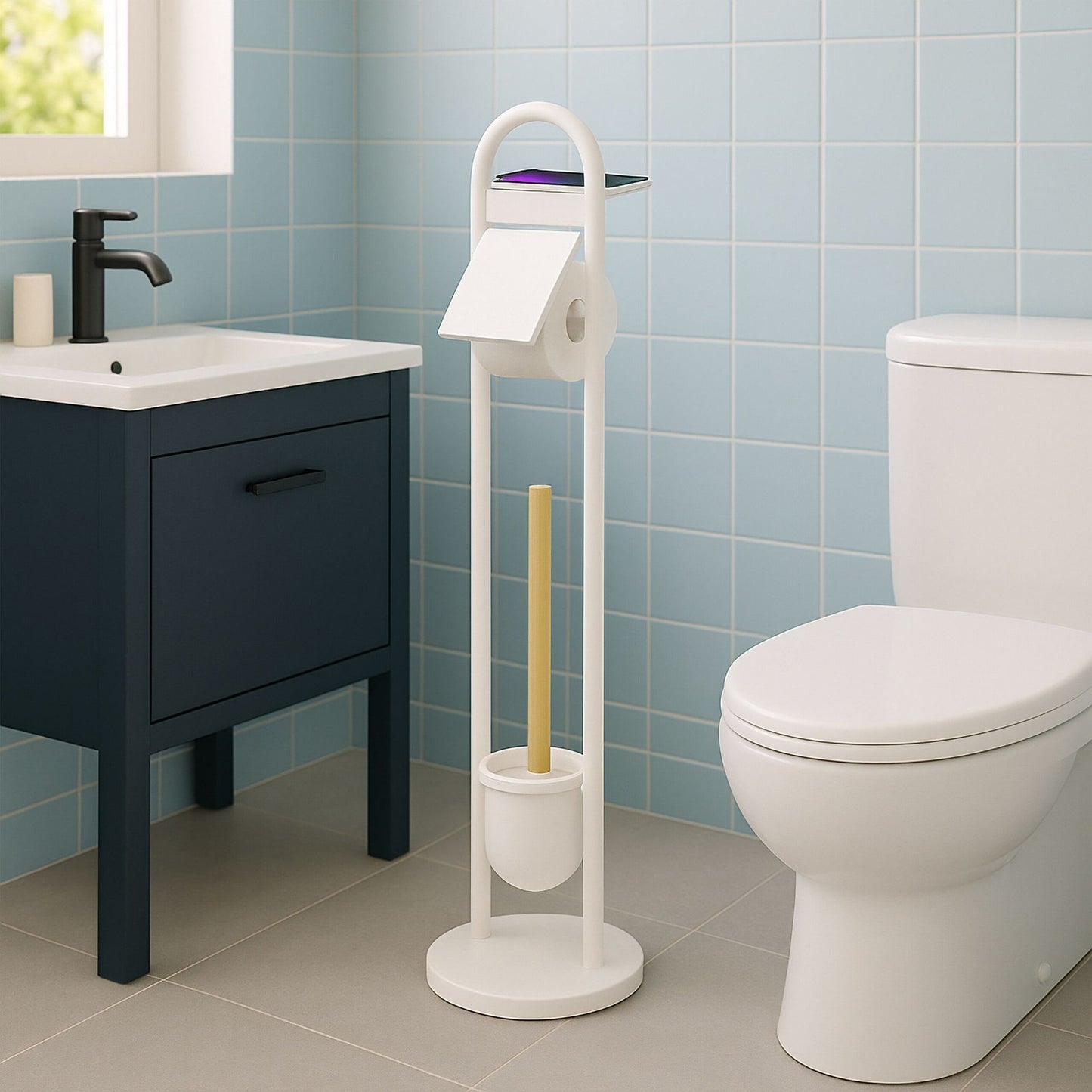 Toilet Paper Holder with Shelf – Metal and Bamboo