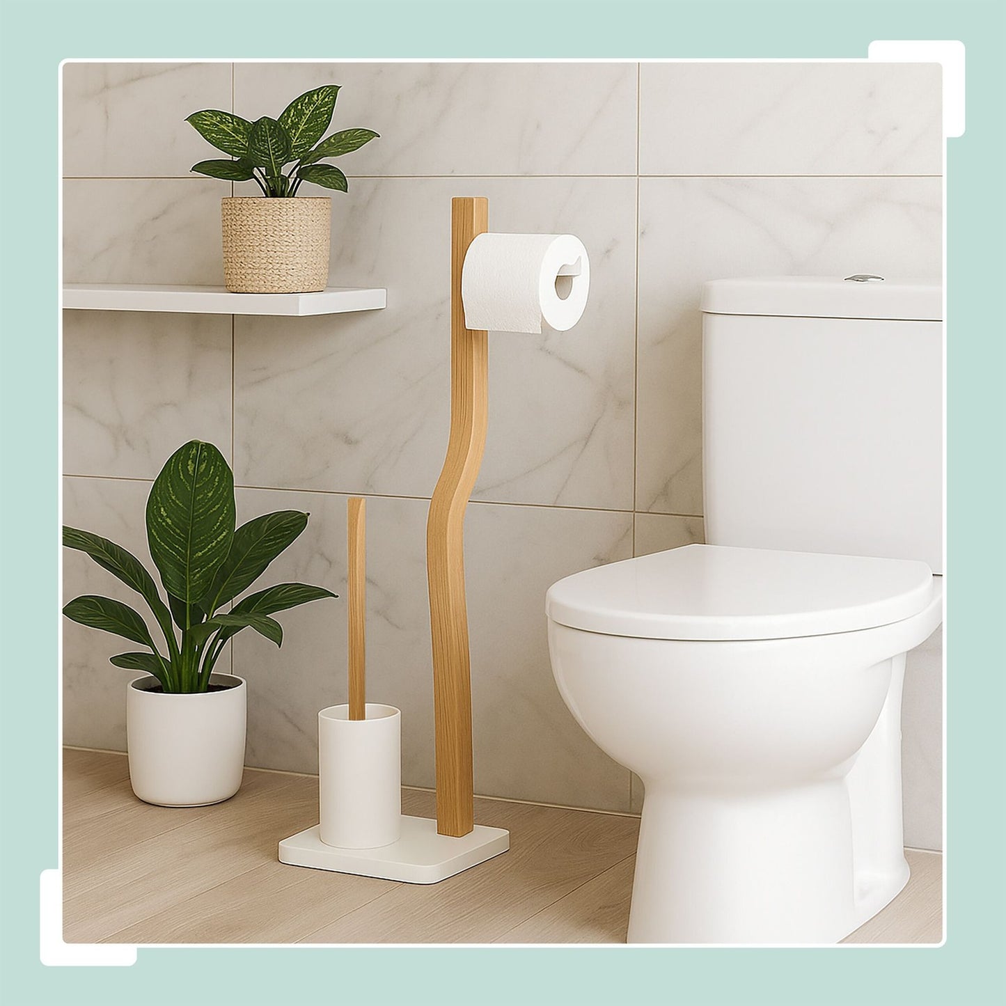 Toilet Roll Holder and Brush Set, Wood and Metal