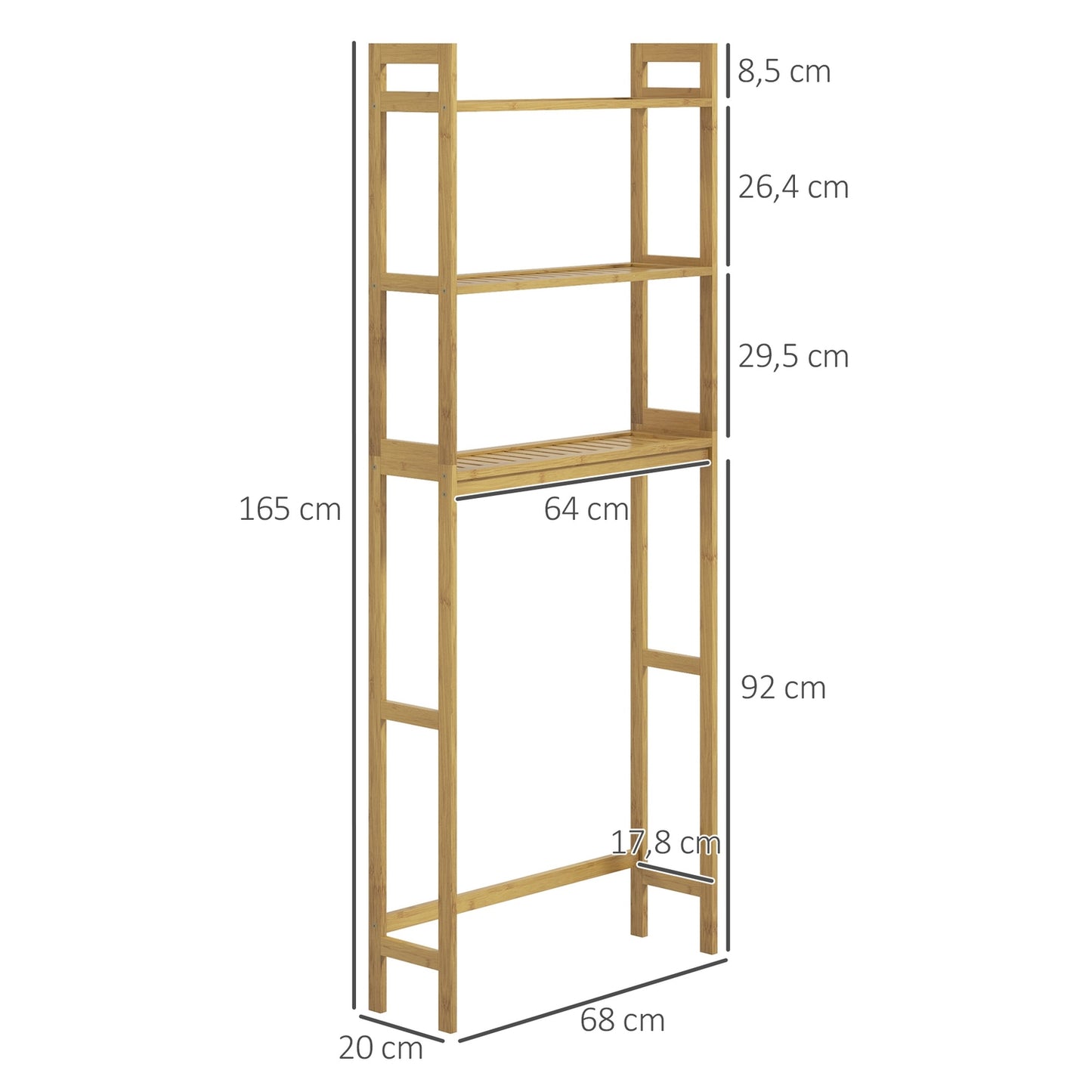 Bathroom shelf in 3 levels in bamboo with tip protection