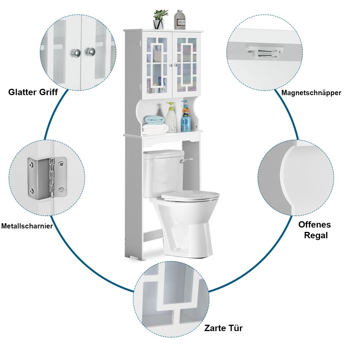 Toilet cabinet, bathroom shelf, toilet shelf, washing machine cabinet with 3 shelves, white, 60 x 22 x 170.5 cm