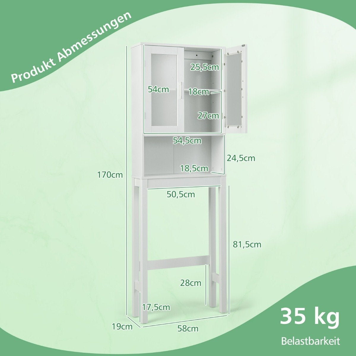 Toilet cabinet freestanding bathroom toilet shelf above toilet 58 x 19 x 170 cm white