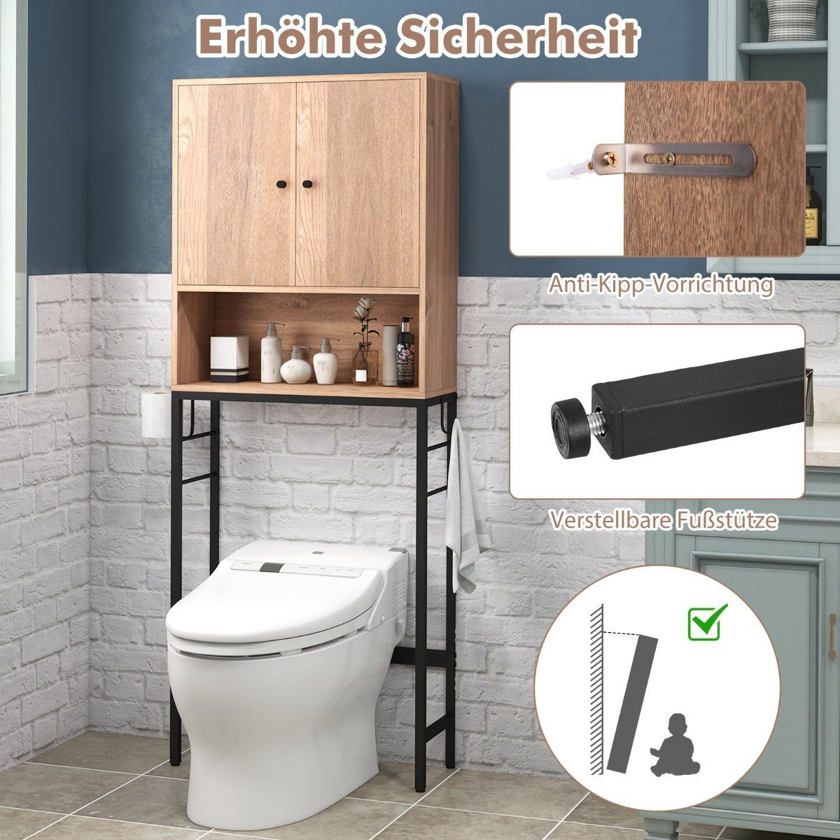 Toilet cabinet freestanding toilet shelf with 2 doors &amp; 2 hooks 63 x 23 x 165.5 cm natural