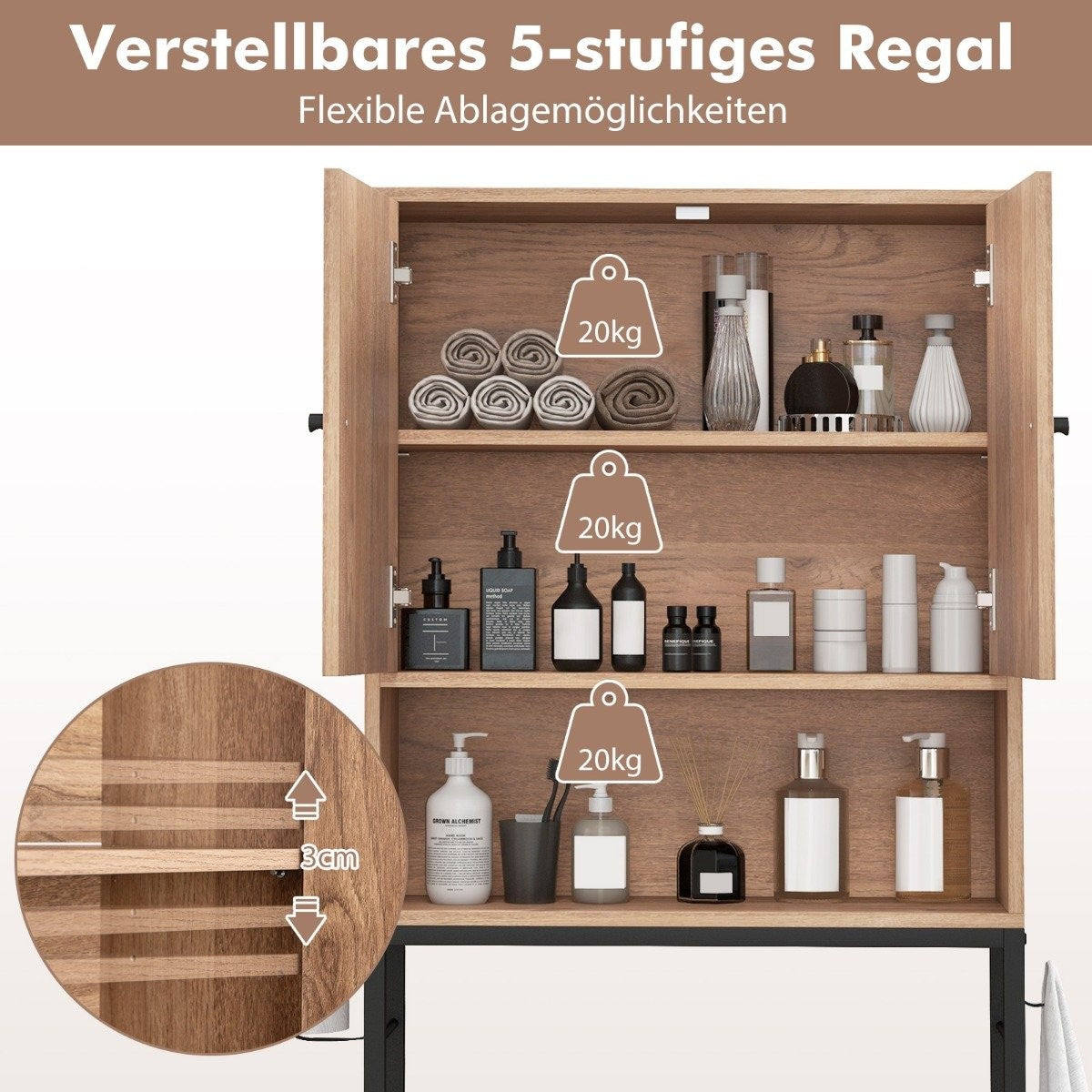 Toilet cabinet freestanding toilet shelf with 2 doors &amp; 2 hooks 63 x 23 x 165.5 cm natural