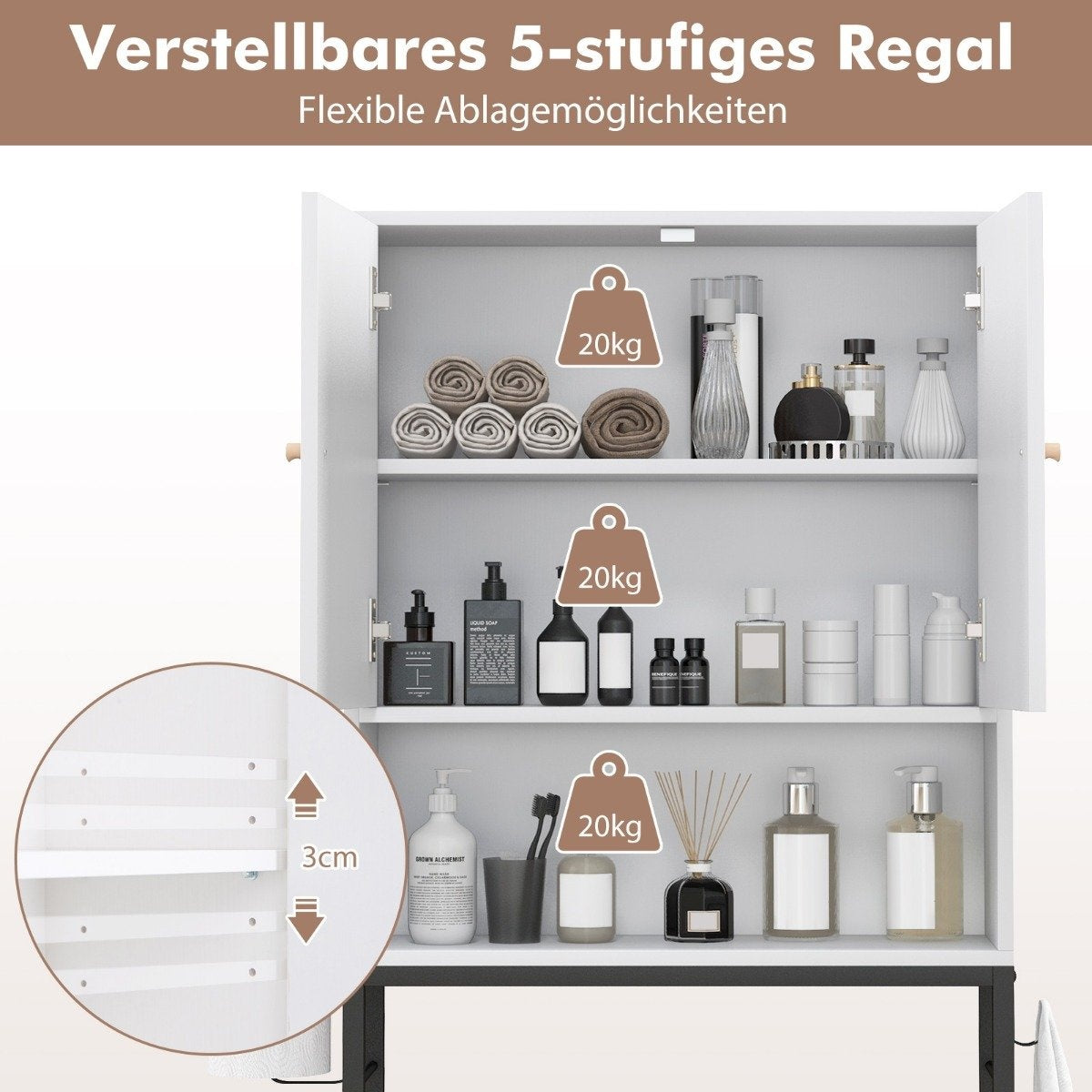 Toilet cabinet freestanding toilet shelf with 2 doors &amp; 2 hooks 63 x 23 x 165.5 cm white