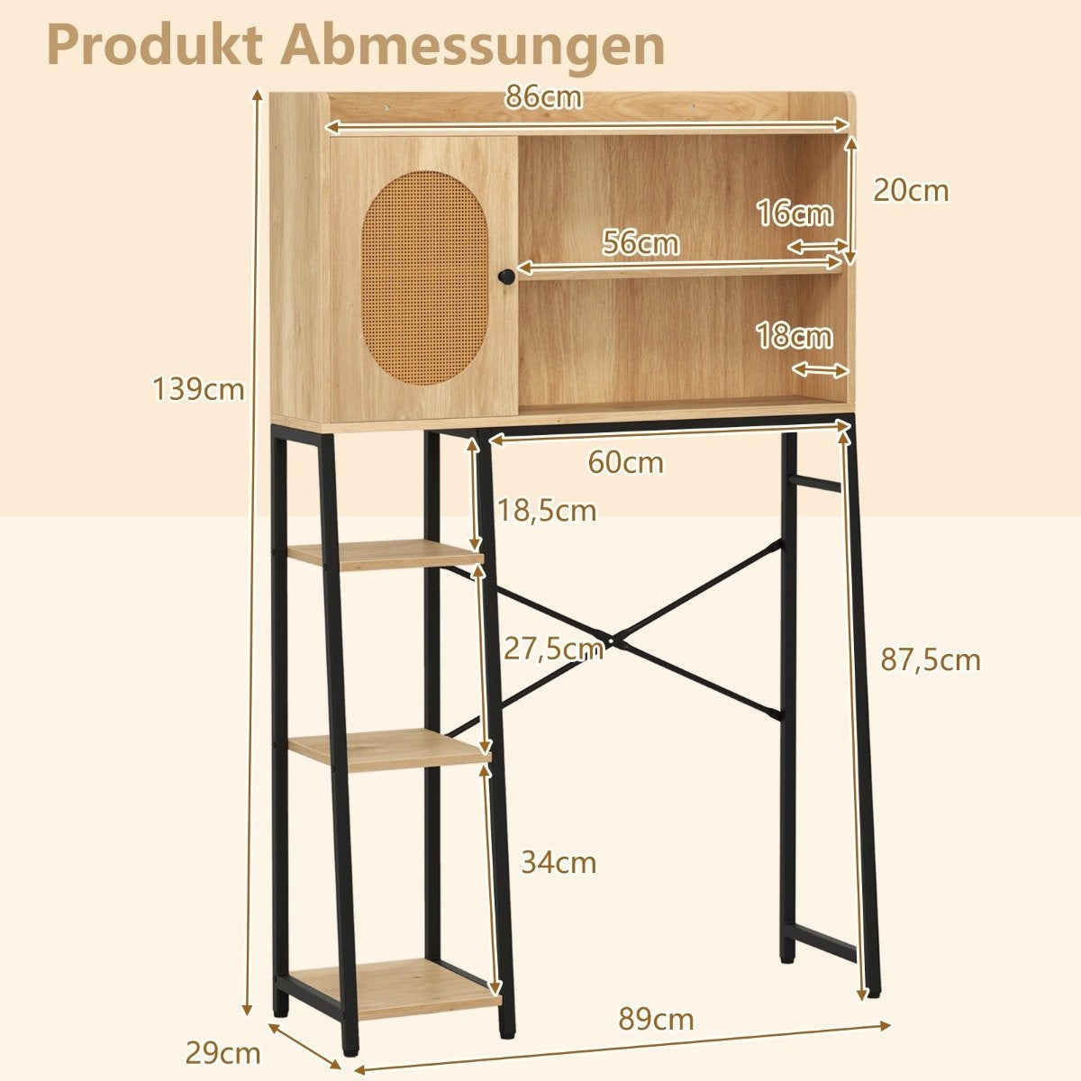 Toilet cabinet with PE rattan door Toilet shelf with adjustable shelf natural