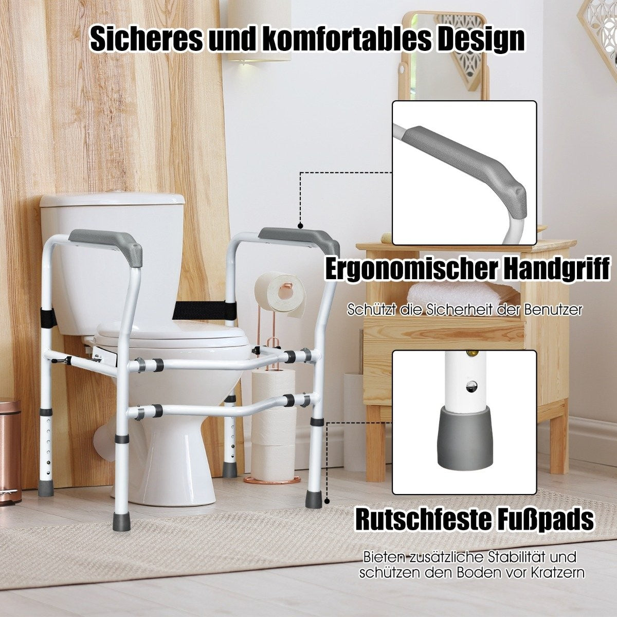 Toilet safety rail with adjustable height & width for seniors