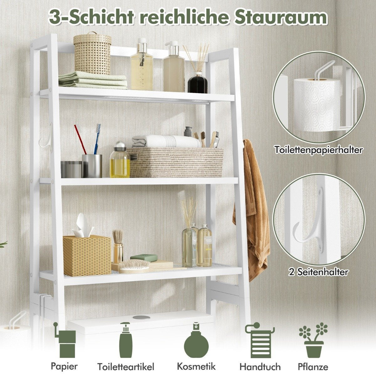 Toilet shelf freestanding bathroom shelf with adjustable shelves 65 x 28 x 159 cm white