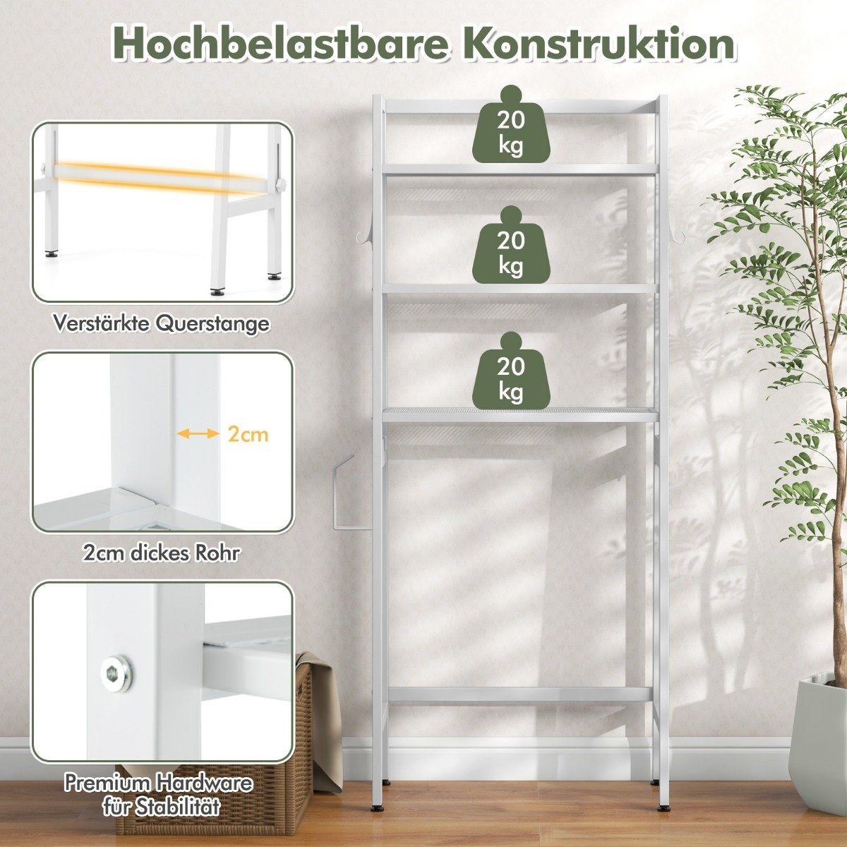 Toilet shelf freestanding bathroom shelf with adjustable shelves 65 x 28 x 159 cm white