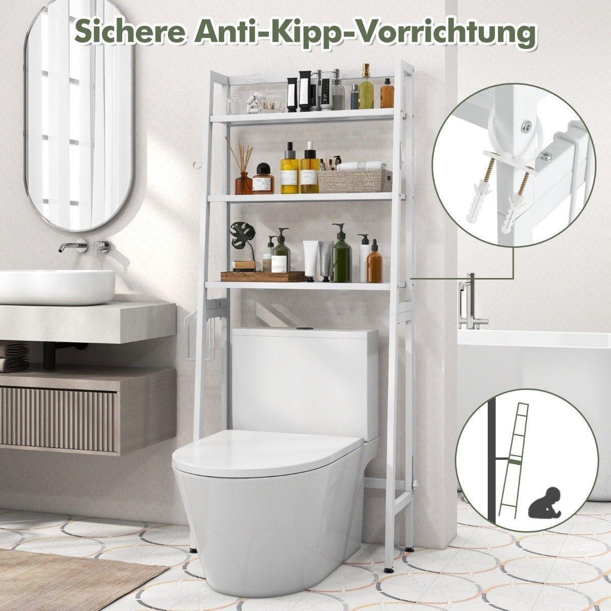 Toilet shelf freestanding bathroom shelf with adjustable shelves 65 x 28 x 159 cm white