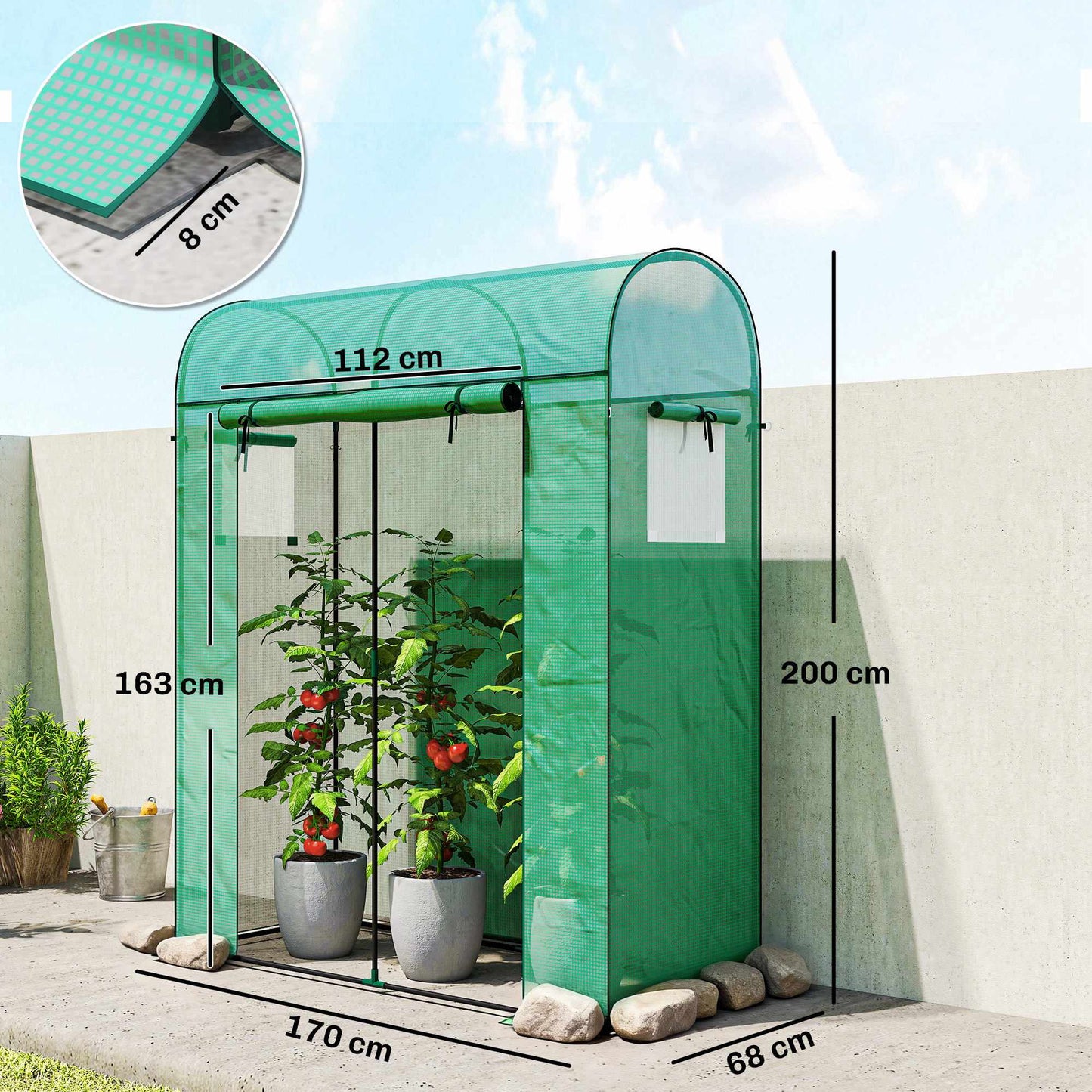 Tomato Greenhouse with Roll-Up Door, Mesh Windows, 170x68x200 cm