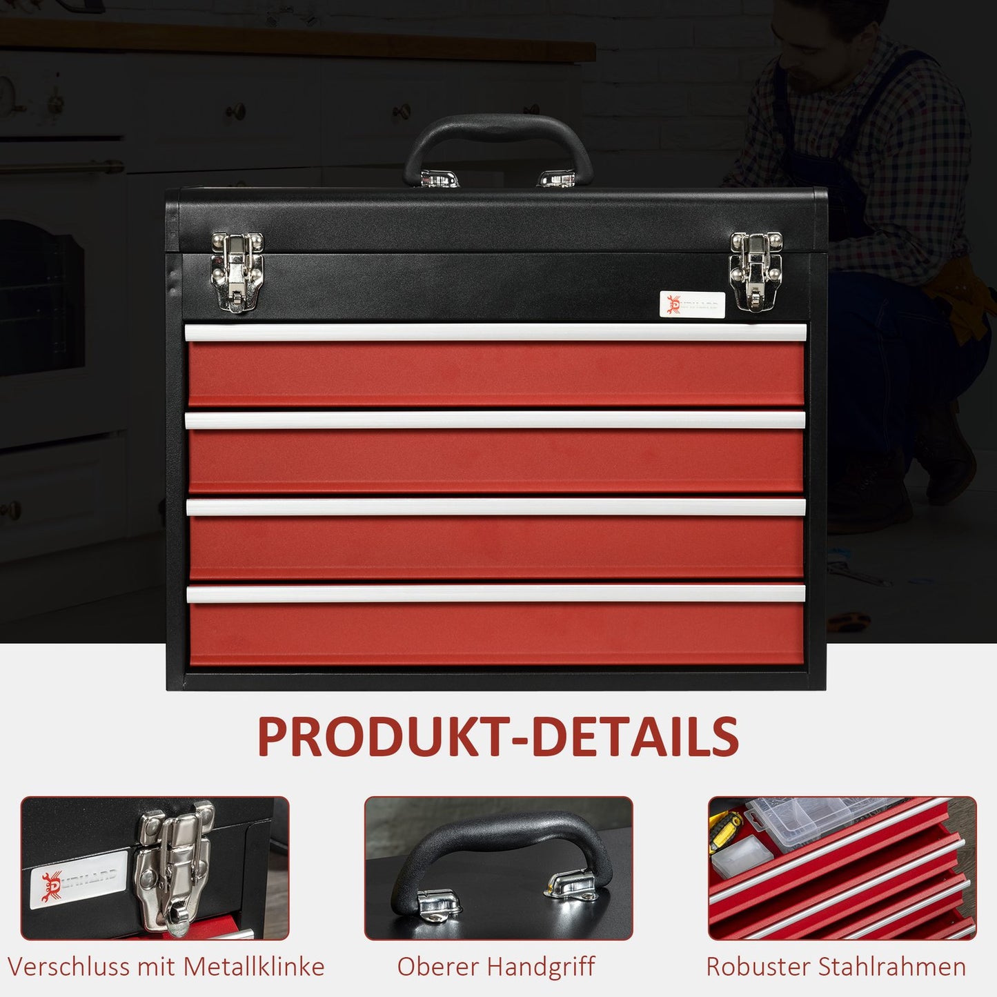 Tool box with 4 drawers, steel, lockable, black/red