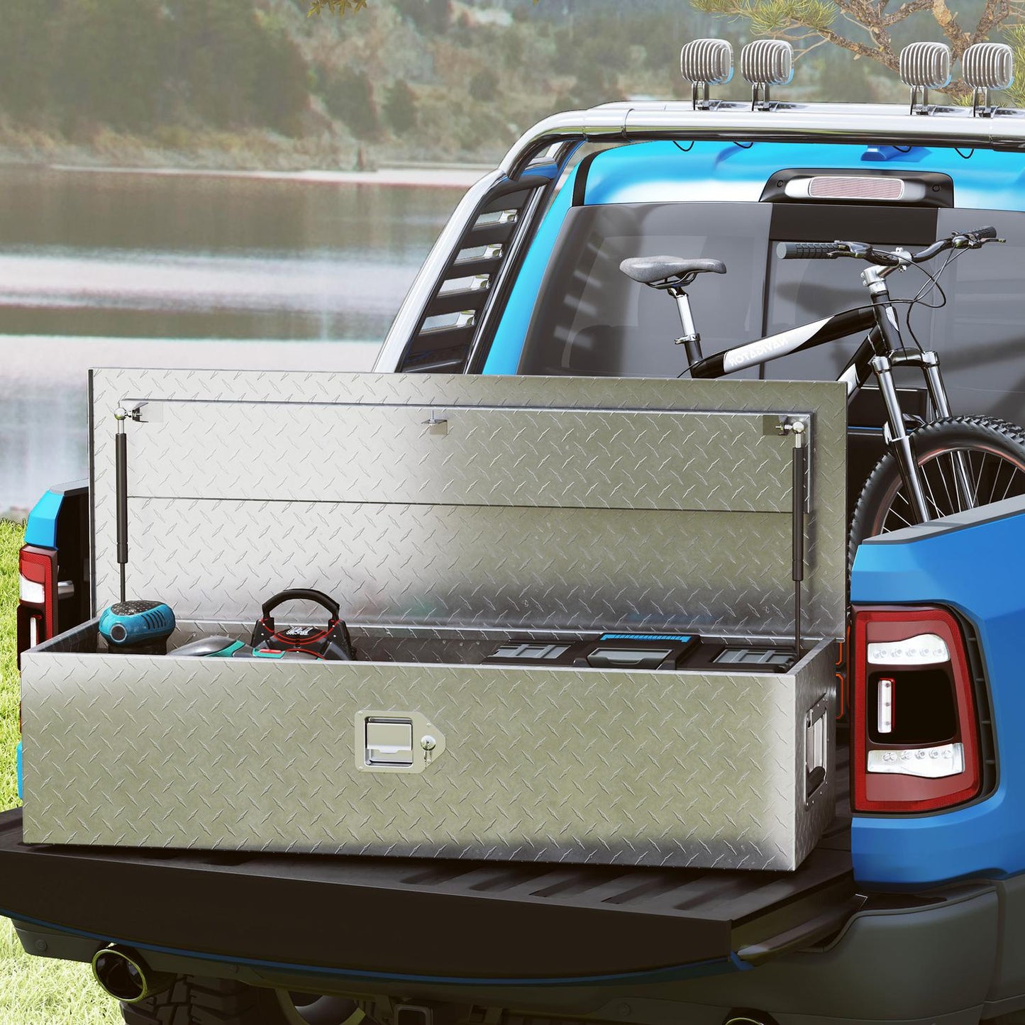 Aluminum tool box with lock and side handle, 99 x 33 x 25.5 cm