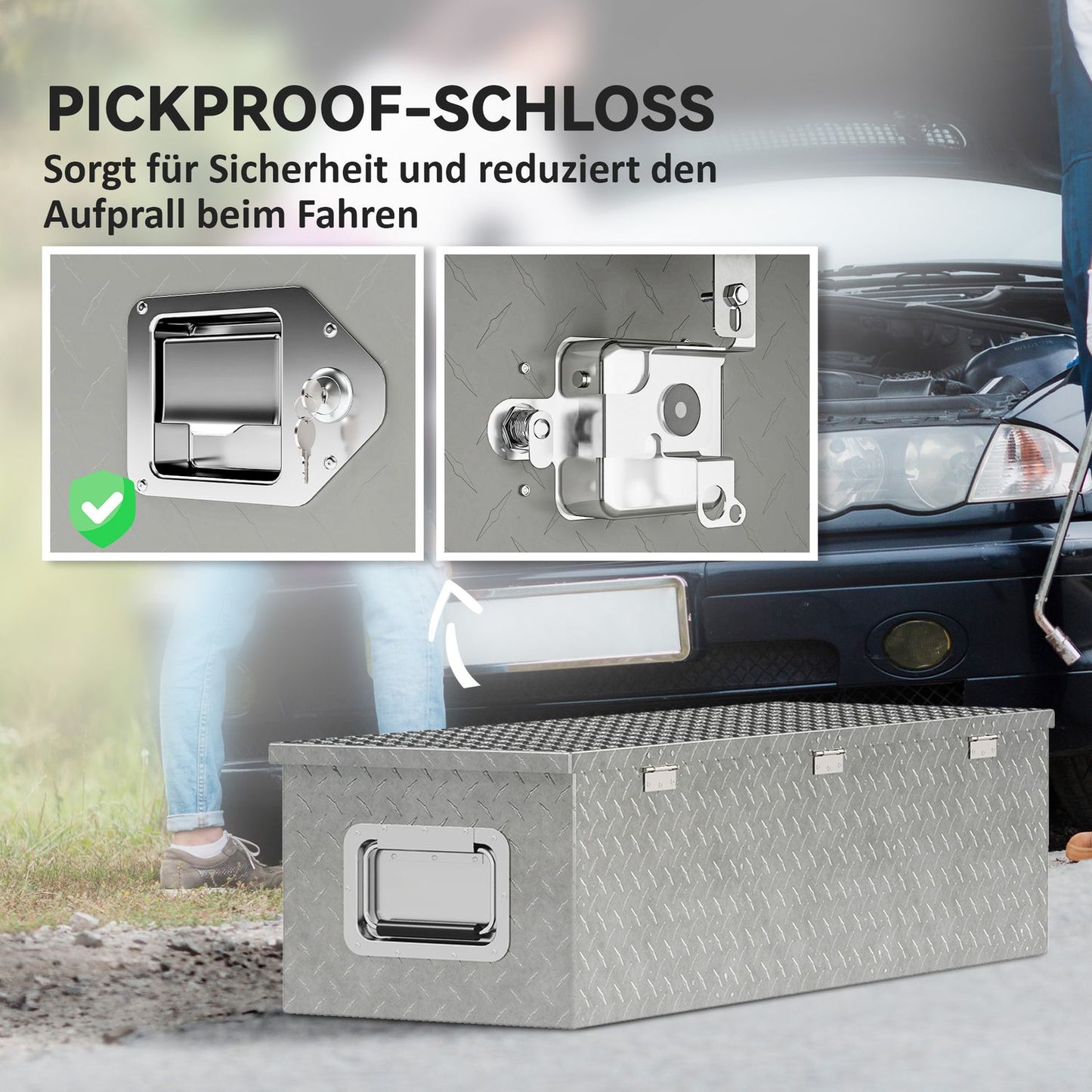 Aluminum tool box with lock and side handle, 99 x 33 x 25.5 cm