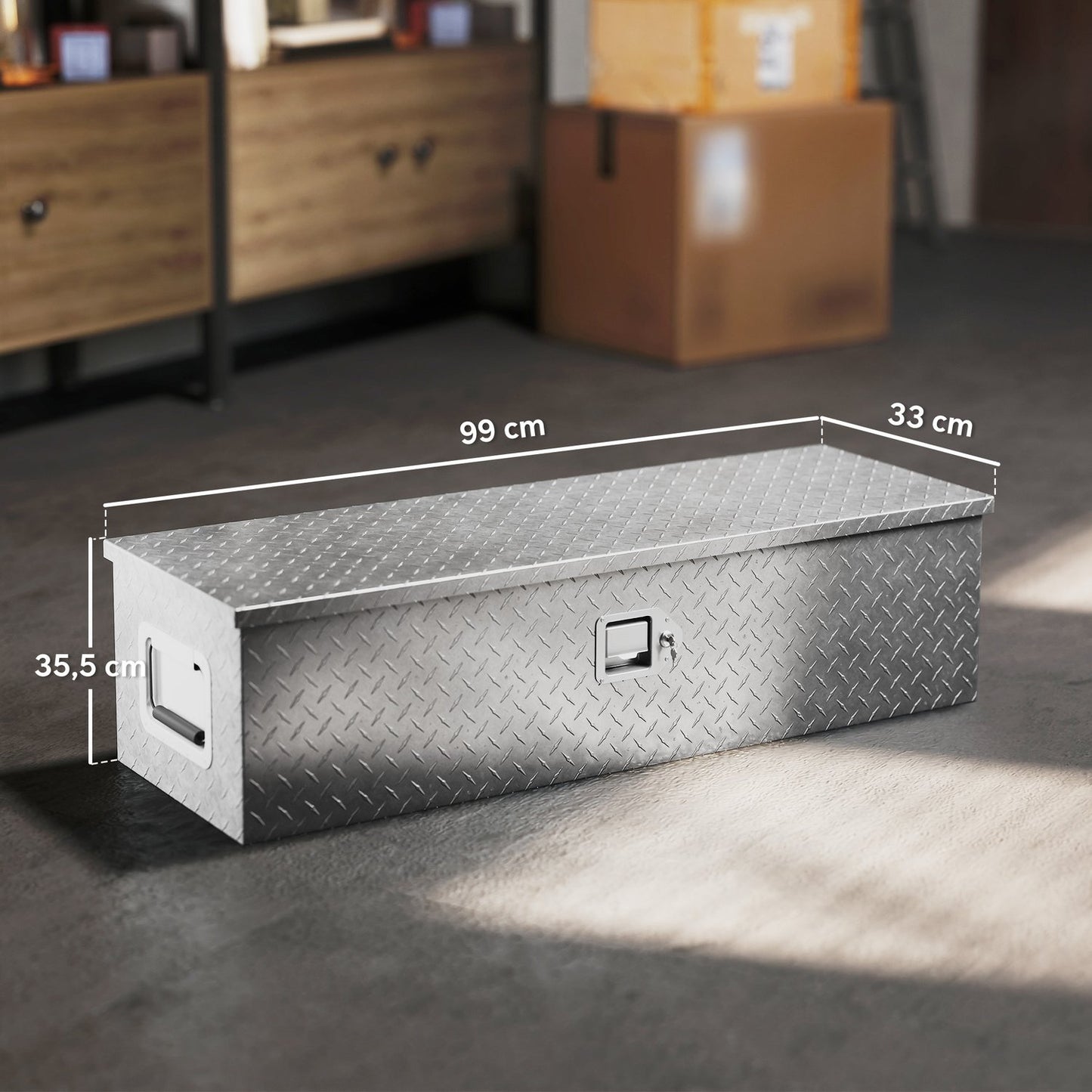 Aluminum tool box with lock and side handle, 99 x 33 x 25.5 cm