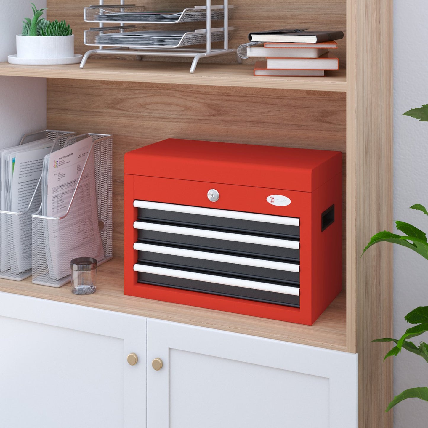Tool box in red steel with 4 lockable drawers, 45x24.5x32.5 cm