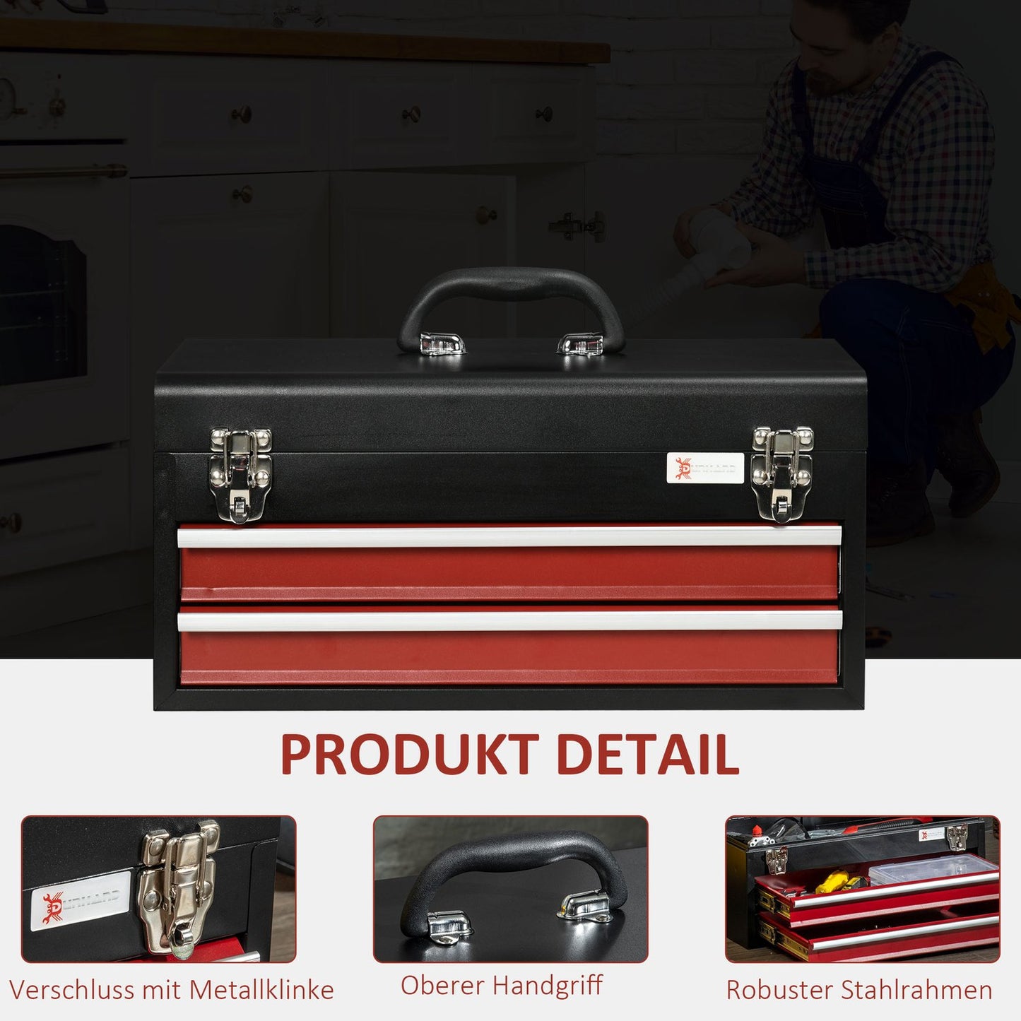 Steel tool box with handle - 2 locking drawers, black/red