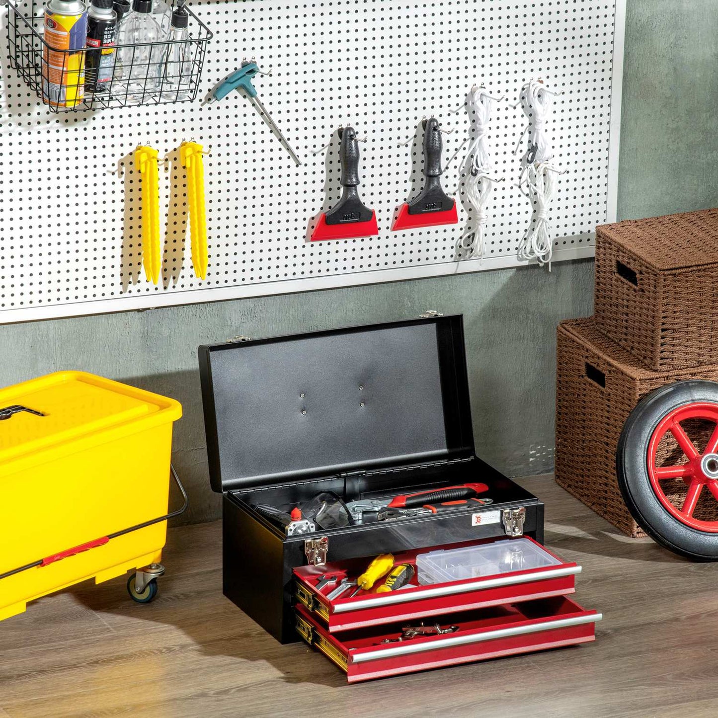 Steel tool box with handle - 2 locking drawers, black/red