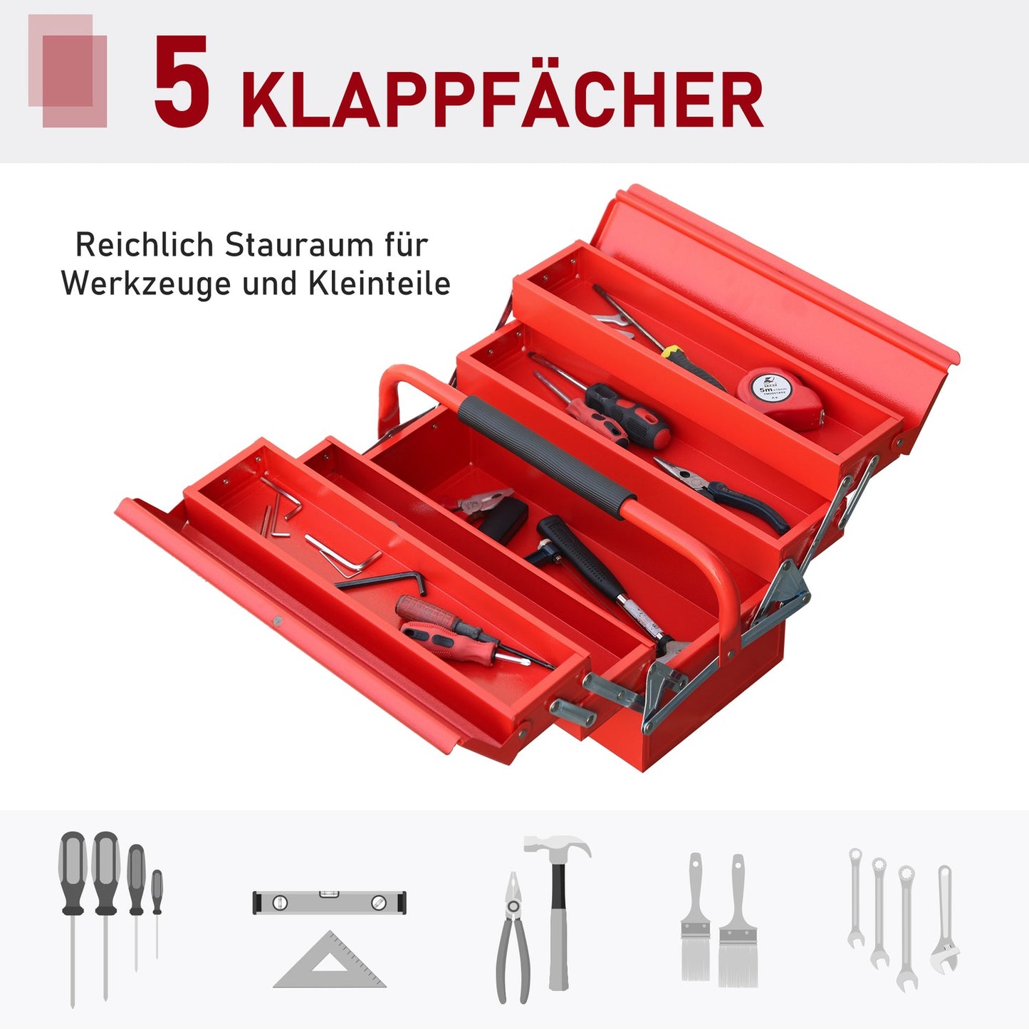 Space-saving steel toolbox with 5 compartments, red