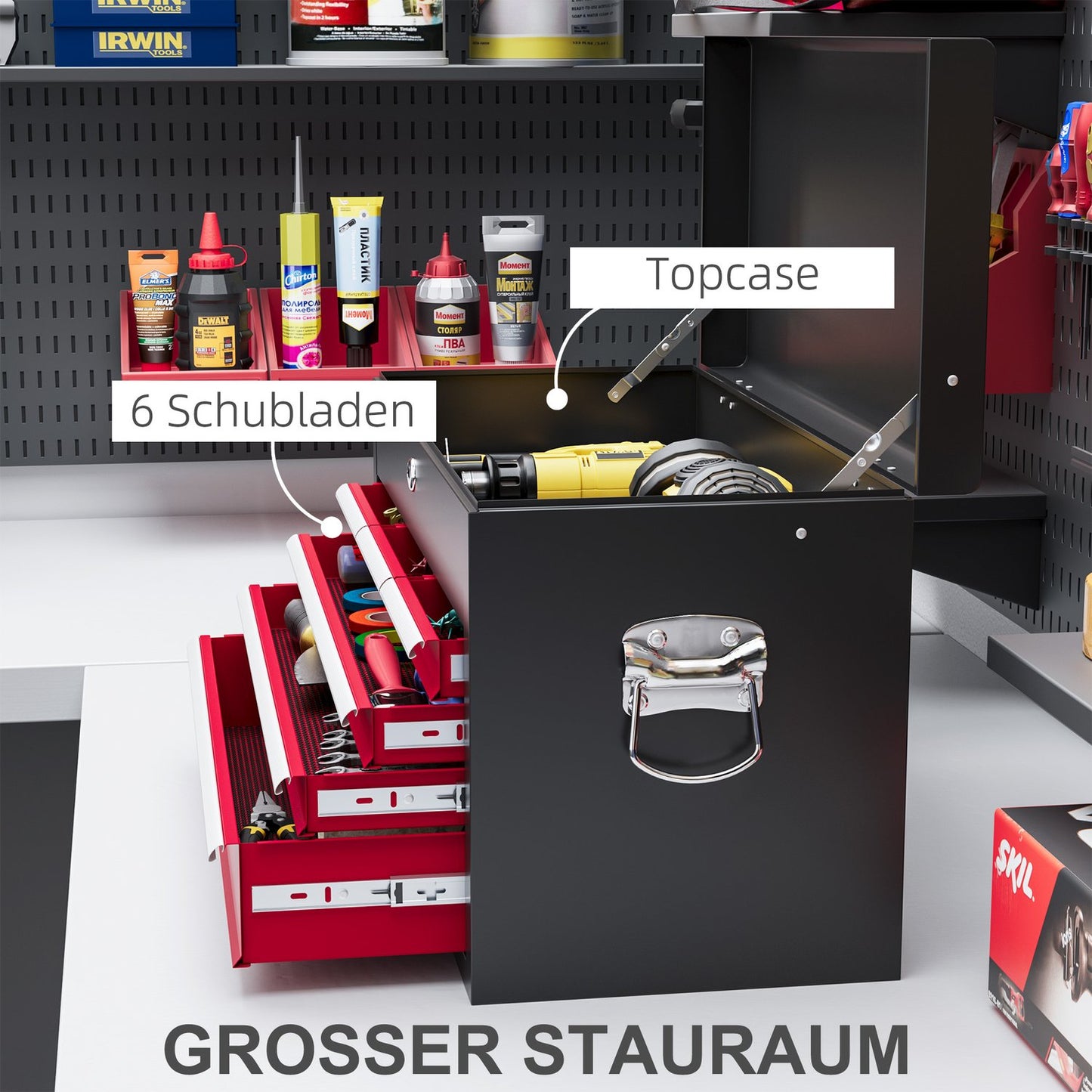 Steel tool box with lock & handle, 6 drawers, 60x26x34 cm