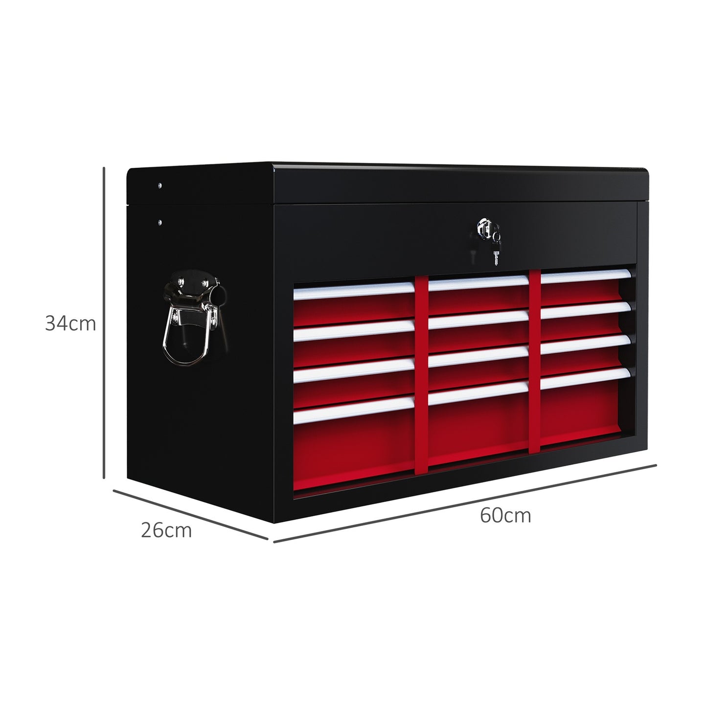 Steel tool box with lock & handle, 6 drawers, 60x26x34 cm