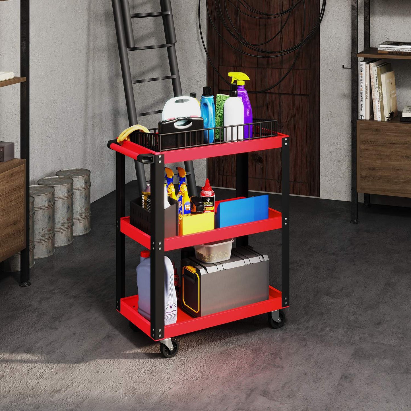 Tool Cart, 3 Tiers, Metal Frame, 120kg Capacity, Red