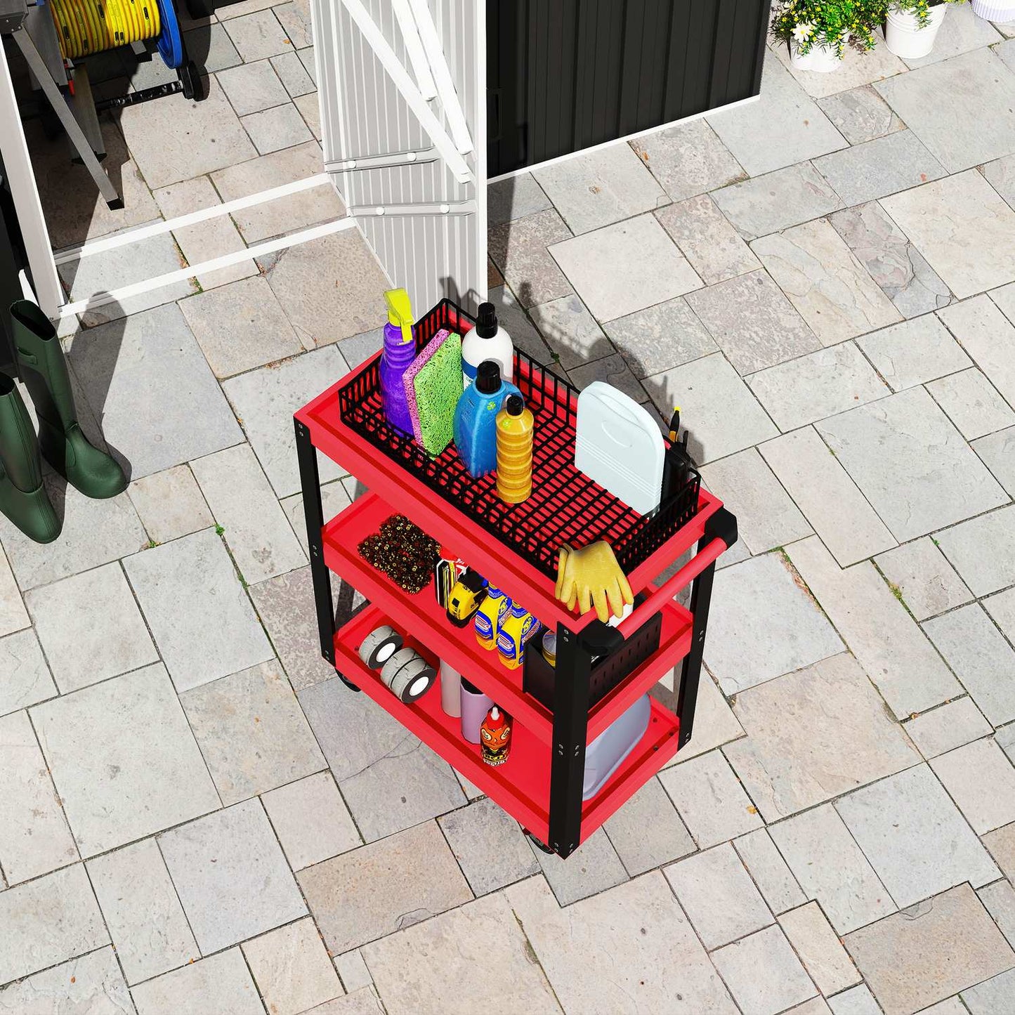 Tool Cart, 3 Tiers, Metal Frame, 120kg Capacity, Red