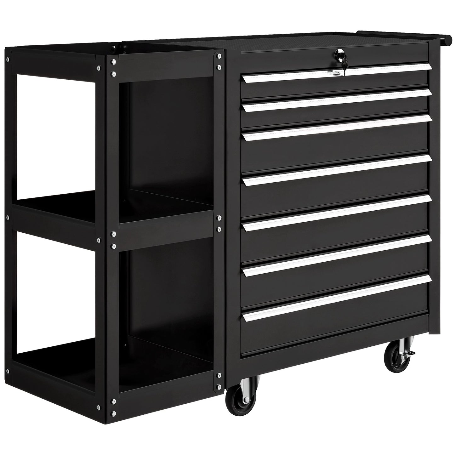 Tool Cart with 7 Drawers, 3-Tier Shelf, Steel, Black
