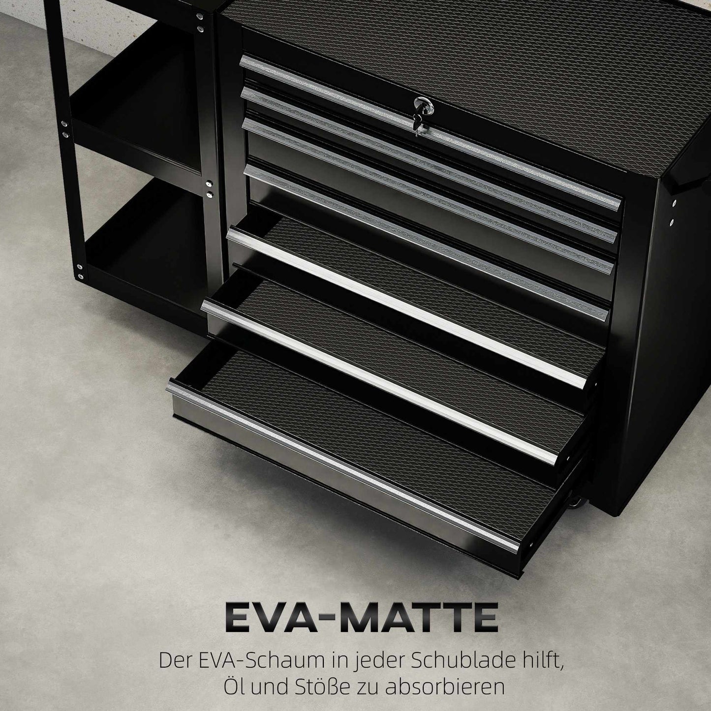 Tool Cart with 7 Drawers, 3-Tier Shelf, Steel, Black